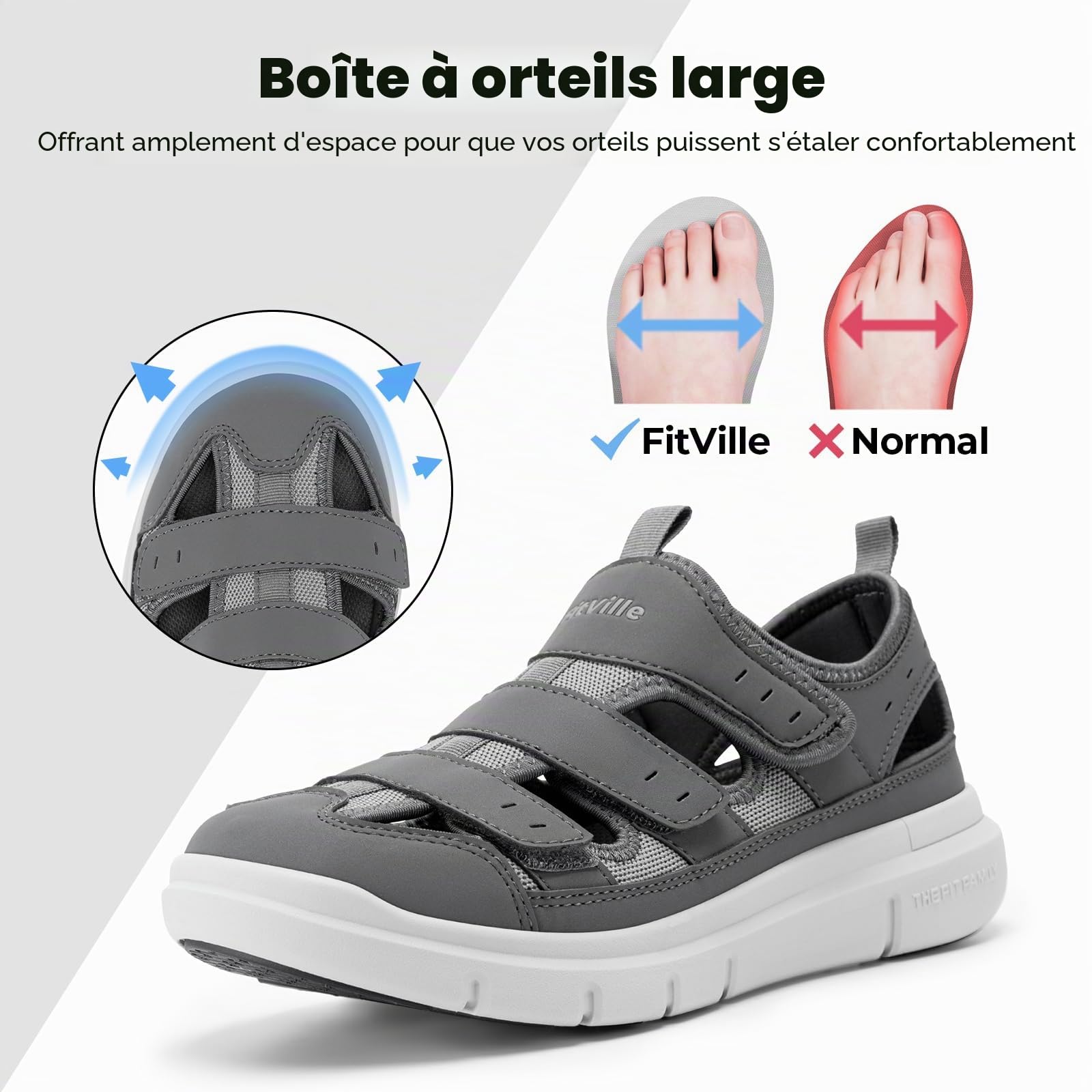 FitVille Sandales Homme Extra Large Chausssures de Marche Confortables et Respirantes - Semelle Intérieure avec Soutien de la Voûte Plantaire