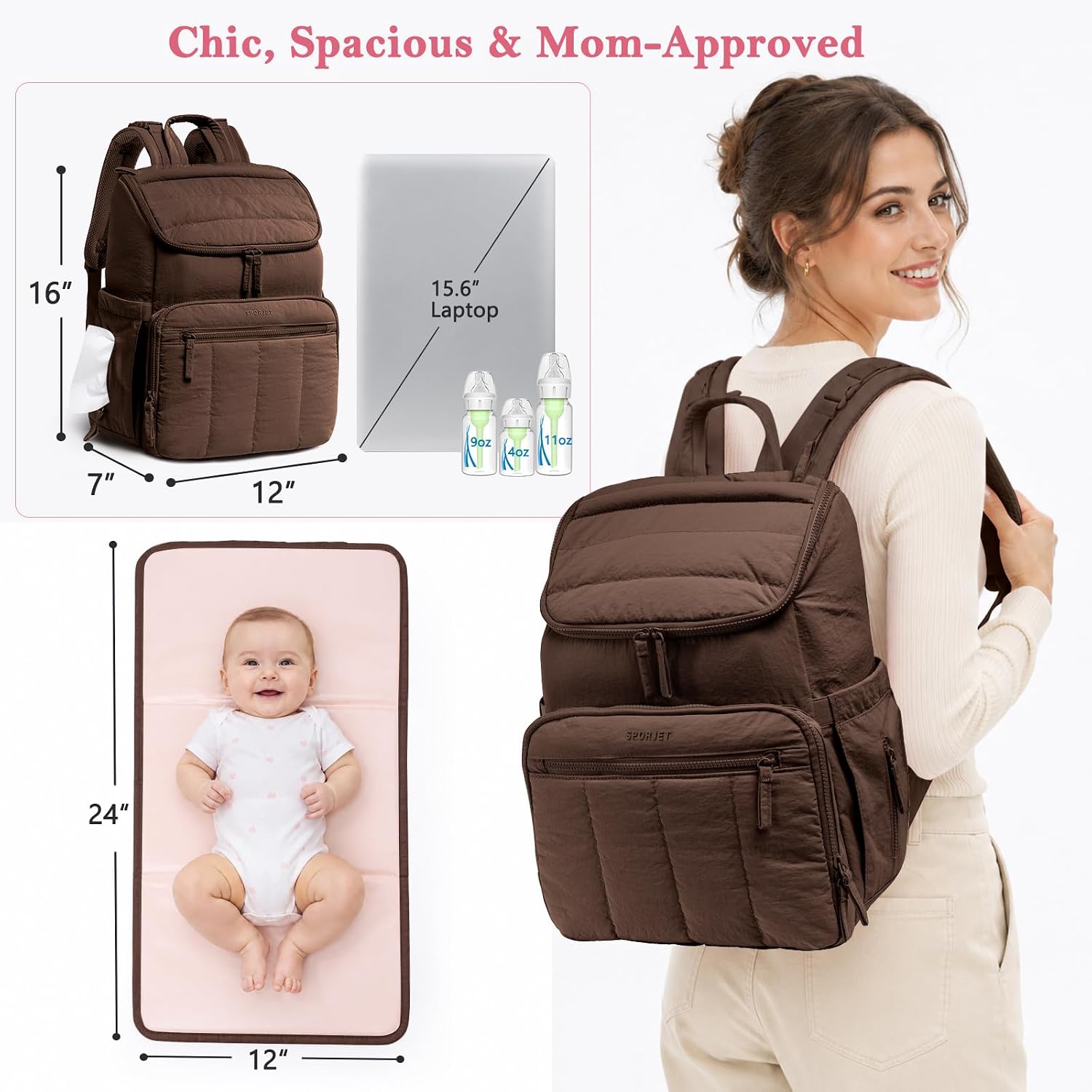 Puffy Diaper Bag Backpack for Mom, Lightweight Quilted Baby Bag with Waterproof Changing Pad, Large Travel Diaper Backpack with Insulated Bottle Pockets, Wipes Pocket, Stroller Straps