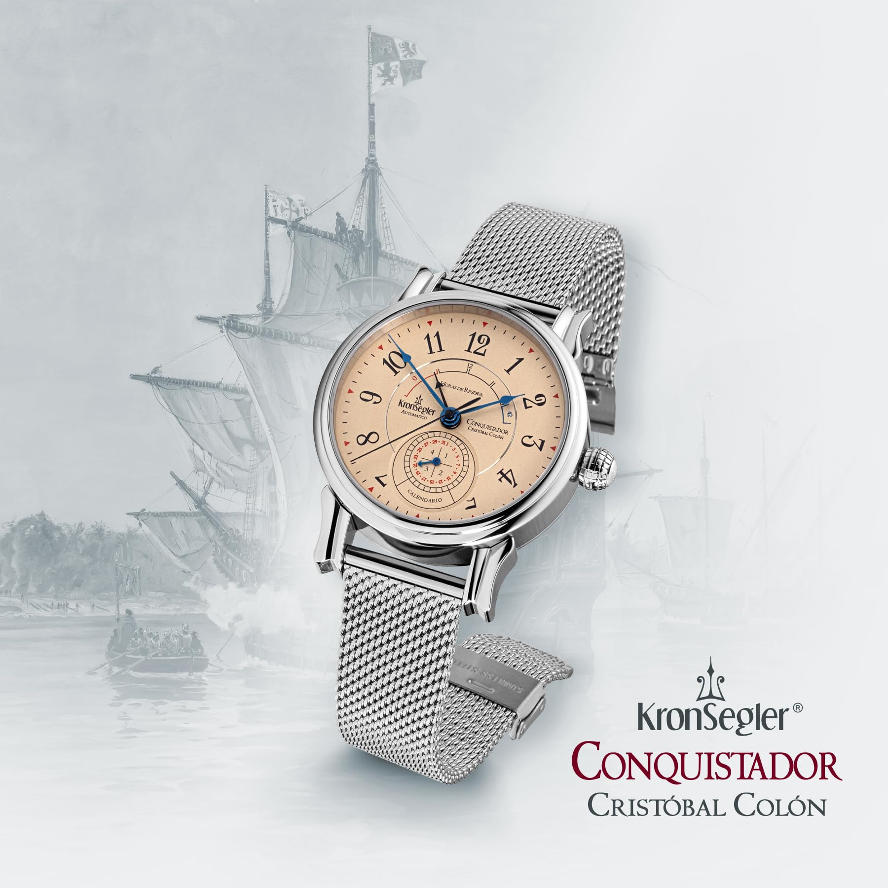 Kronsegler Conquistador Stahl - Tierra Milanaise | Automatik Herrenuhr mit Gangreserveanzeige | Saphirglas, Zeigerdatum, Milanaiseband