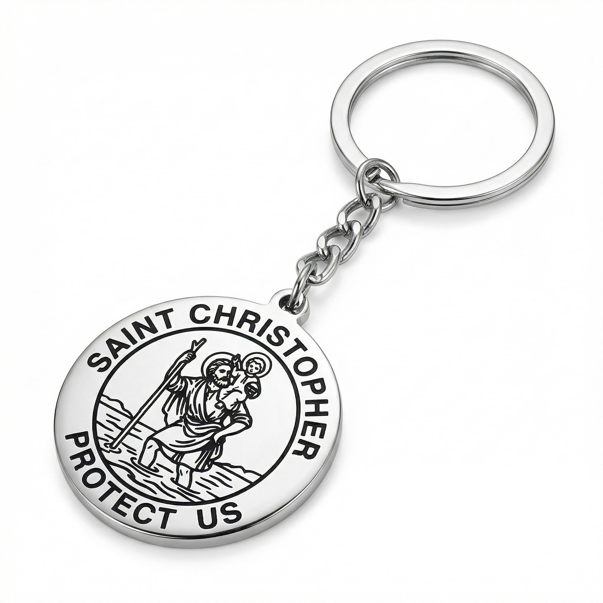 SGETHCH St Christopher Keyring for Safe Travels, Stainless Steel Saint Christopher Medal Keychain, Travel Protection Keyring, Inspirational New Car Gift Accessories for Men Women