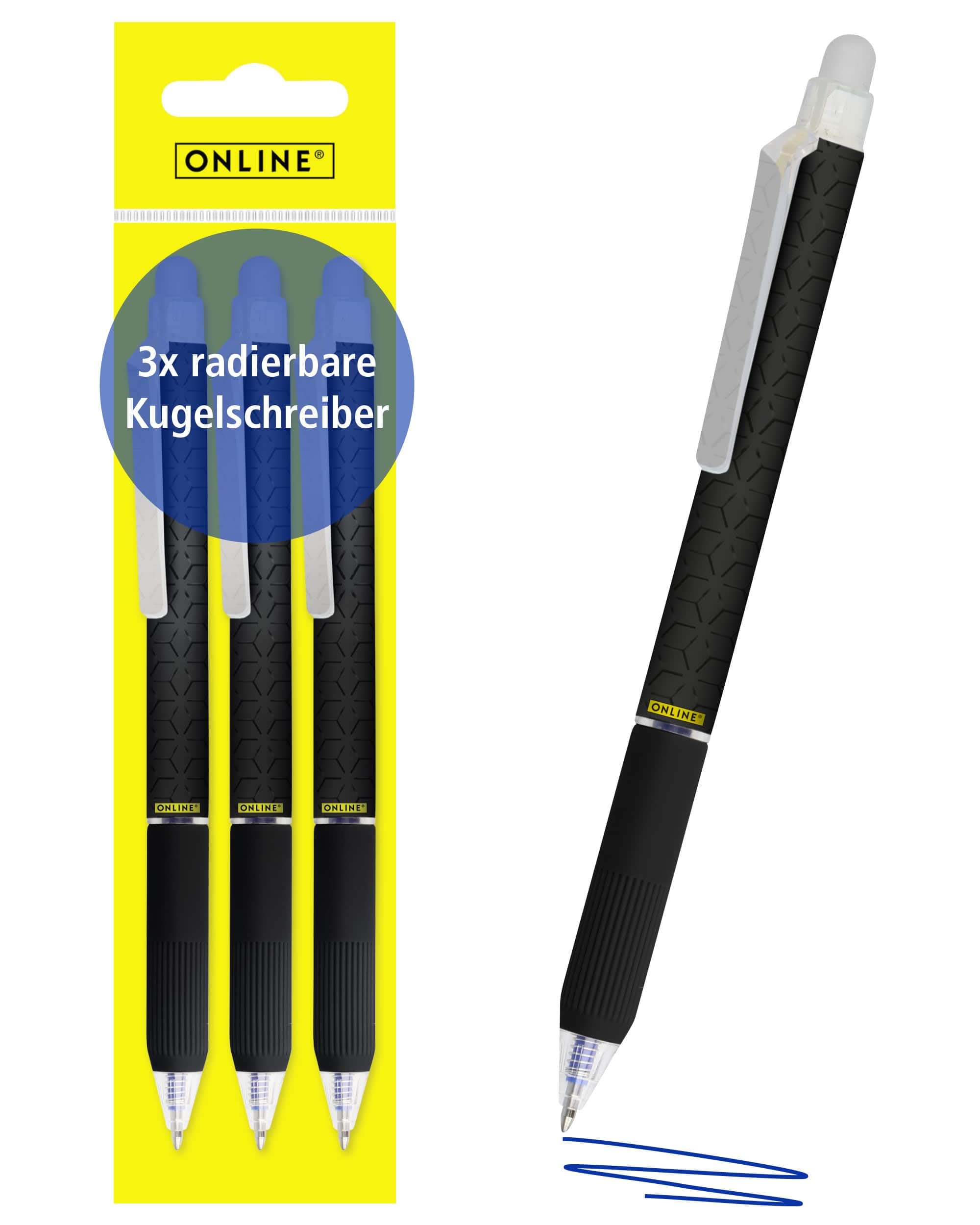 Online magiXX, 3x Radierstift I Gelschreiber blau radierbar mit 0,7mm Strichstärke I Tintenroller zum Schreibenlernen, Büro I Erasable Pen Set I Radierbarer Kugelschreiber Schüler