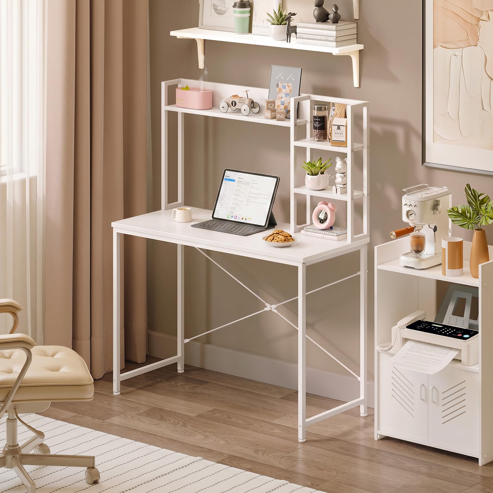 Coleshome Escritorio con Estantería, 100x40, Blanco | Mesa Ordenador, Pequeño Escritorio con Estante Mesa Oficina para Oficina, Estudio y Dormitorio