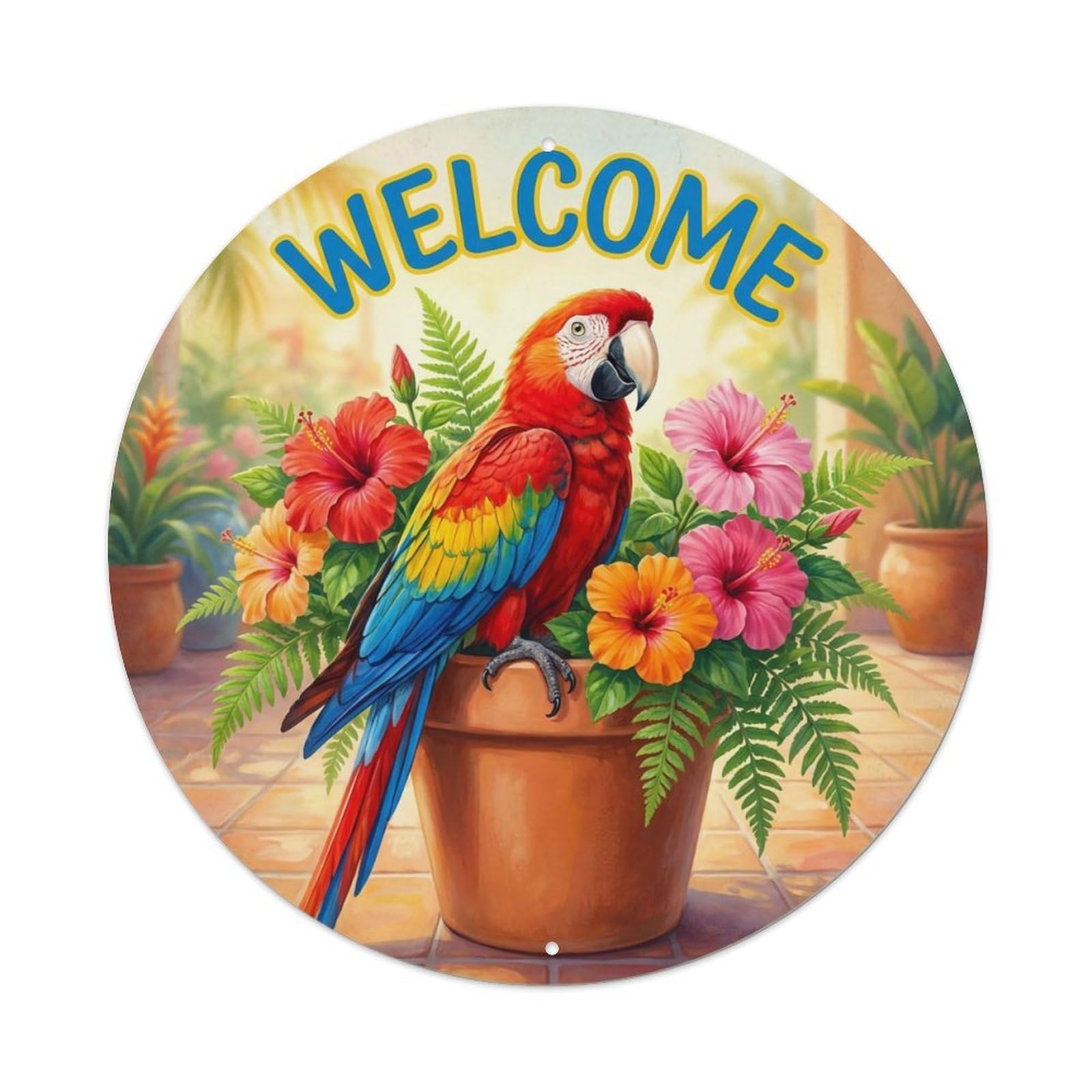 Okahys 8X8inch(20X20cm) Welcome Parrot Tropical Patio Metal Tin Sign