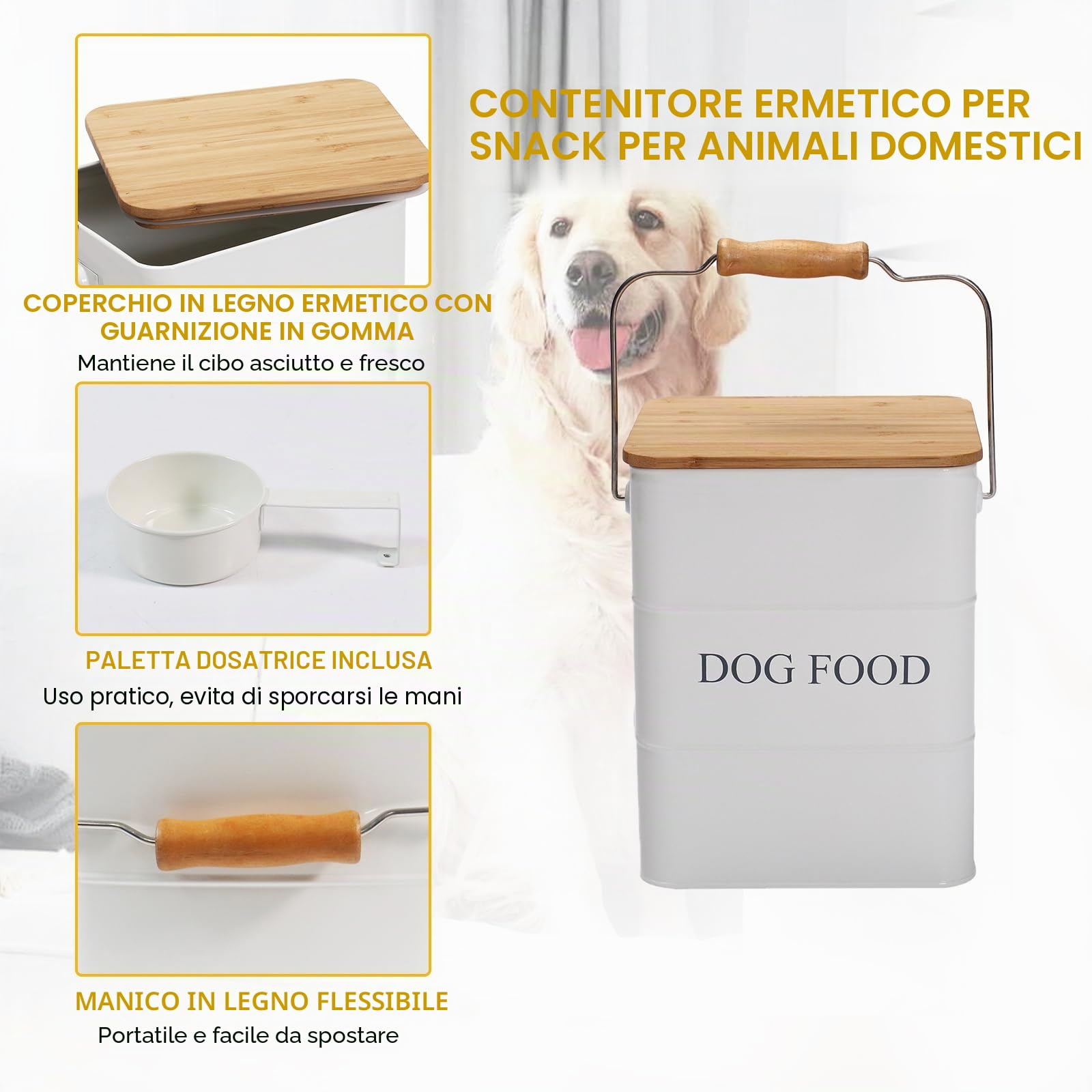 Geyecete Contenitore Crocchette Cane-6L Contenitore per Alimenti in Metallo con Ermetici Legno Coperchi/Maniglia,per Cibo per Gatti, Cani