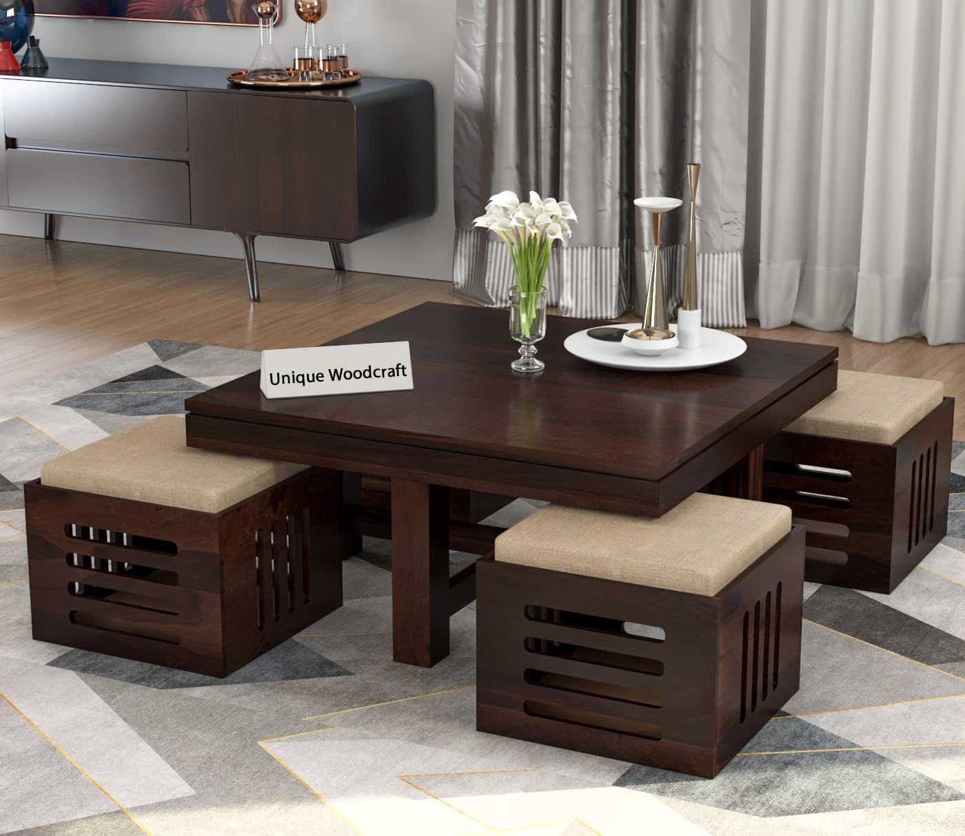 See full amazon price history chart for Unique Woodcraft Sheesham Wood Coffee Table with 4 Nesting Stools Multipurpose Teapoy Table Wooden Centre Table for Living Room Home and Office (Natural Honey Finish) Unique Woodcraft Sheesham Wood Coffee Table with 4 Nesting Stools Multipurpose Teapoy Table Wooden Centre Table for Living Room Home and Office (Natural Honey Finish) (B0BD7CXP66) Amazon Price History, Amazon Price Tracker