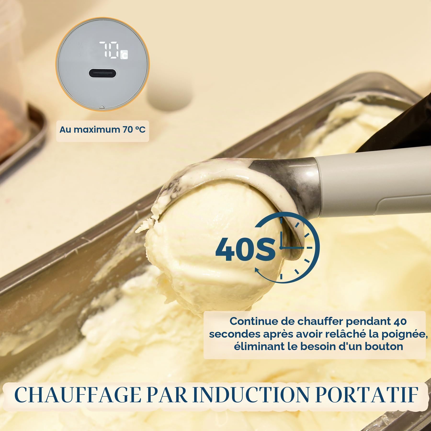 Cuillère à crème glacée chauffante rechargeable, cuillère à glace électrique avec affichage LED, chauffe à 70°C pour la glace dure, facile pour les seniors et les enfants, étanche IP67 (Gris)