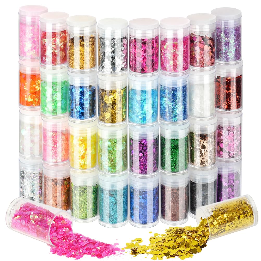 URAQT Cosmetic Makeup Glitter, 32Pcs Craft Glitter Chunky Pearlescent Epoxy Resin Pigment Powder for Face Body Eye Cheek Hair Nail Art Loose DIY Art