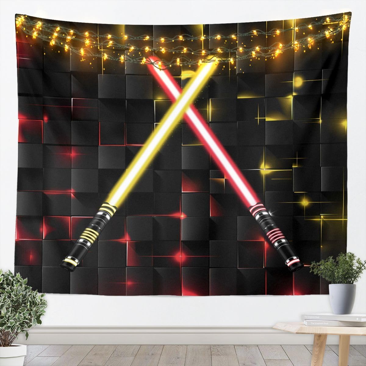 Castle Fairy Red Yellow Geometric Grid Tapestry Lightsaber Quilt Wall Hanging Art,Kids Boys Teens Modern Square Plaid Wall Blanket Fashion Black Checkered Porch Hangings,70.9x92.5