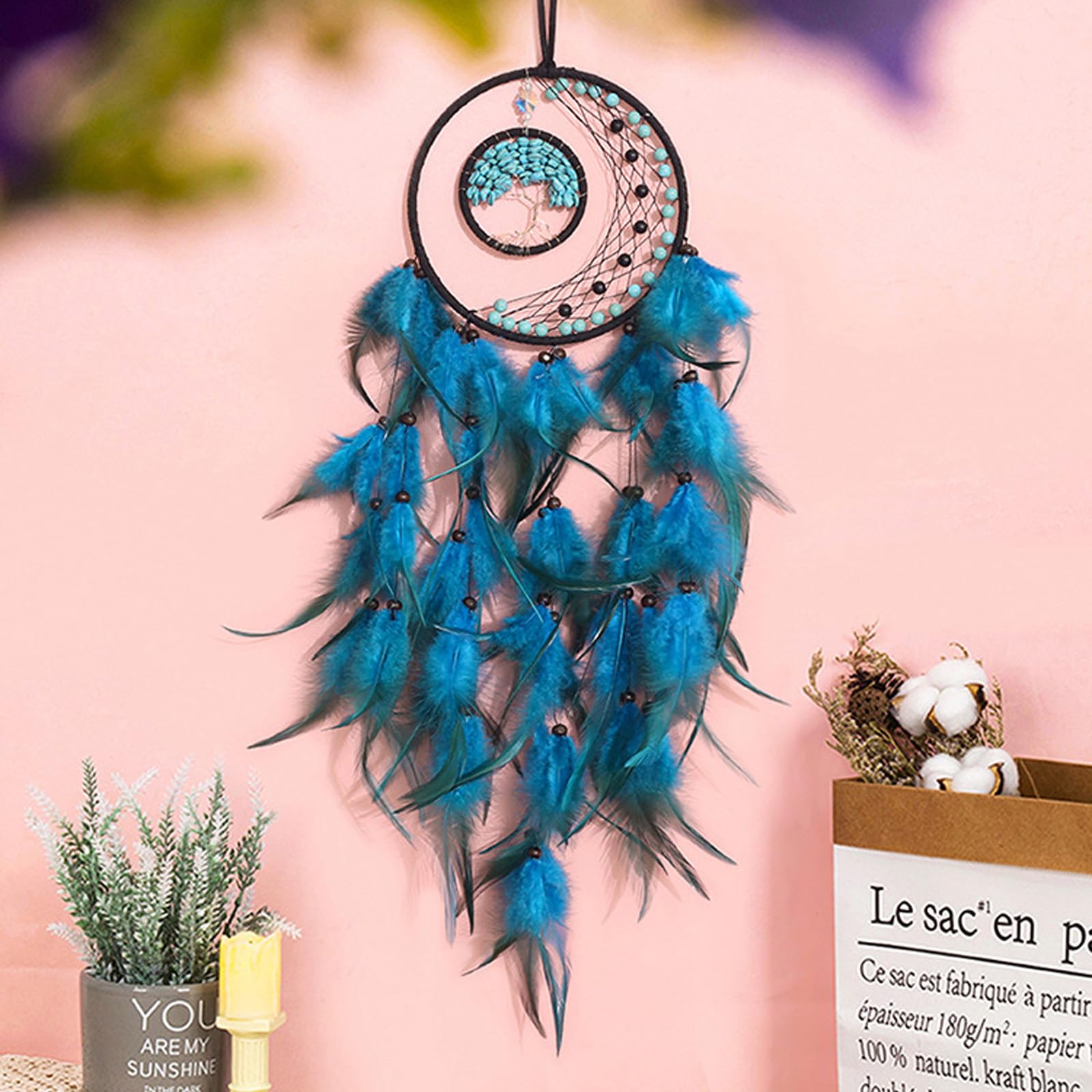 Acchiappasogni Piume Decorative, Blu Dream Catcher, Acchiappasogni con Piuma Appendere Decorazione per Casa Camera Parete Appeso Ornamento Artigianato Regalo Festa