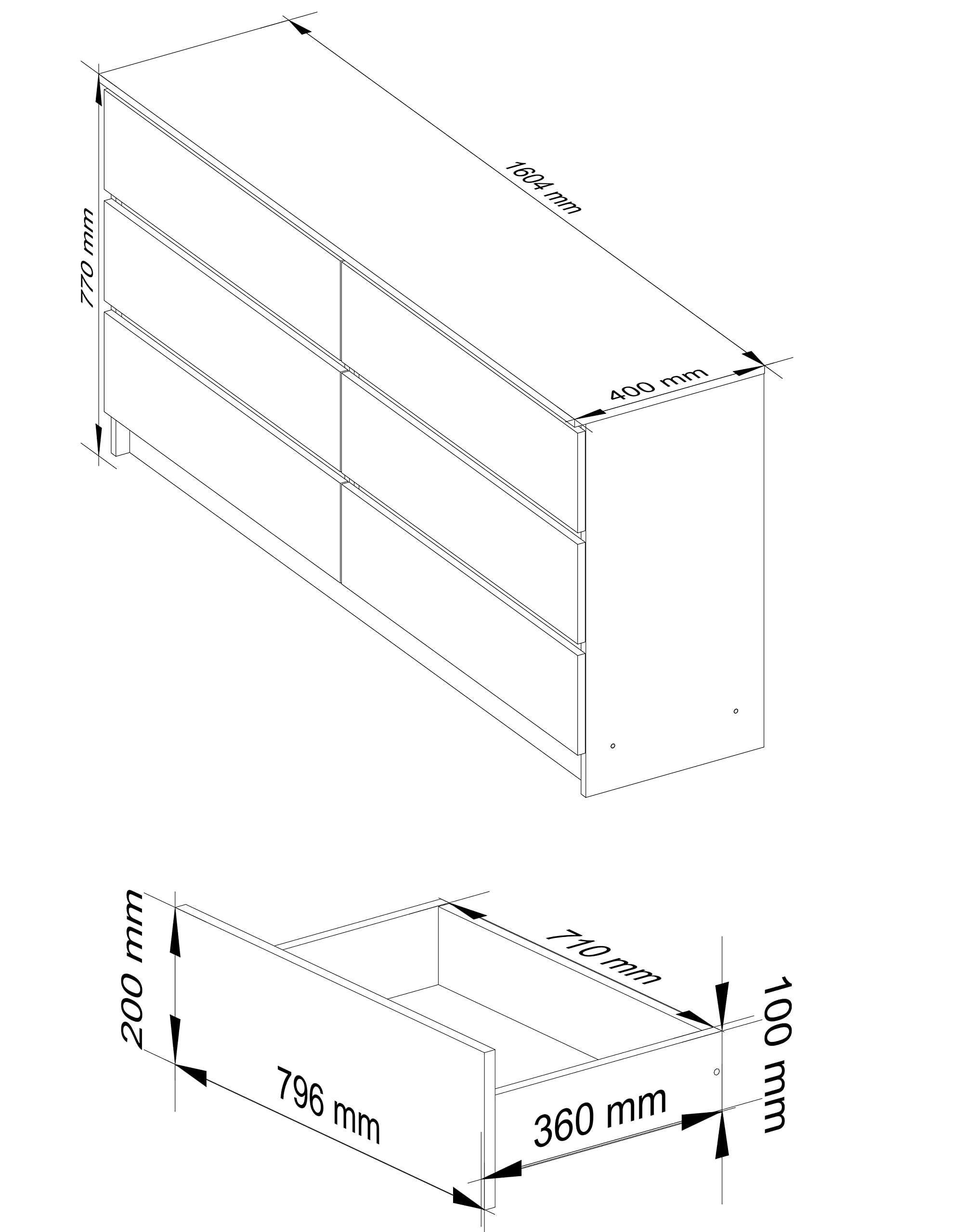 AKORD Cassettiera K 160 cm | 6 Cassetti (2 x 3) | Moderna Mobiletto per il soggiorno Camera da letto Armadio Soggiorno Bagno | Salvaspazio | 160 x 77 x 40 cm | Peso 70 kg |Bianco