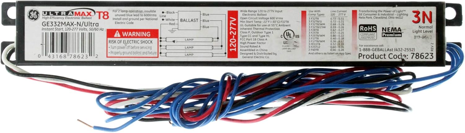 GE UltraMax Proline Electronic Ballast, 120/277 Volt Instant Start Ballast, Normal Ballast Factor, Ballast for Fluorescent Light (3) or (2) Lamp T8