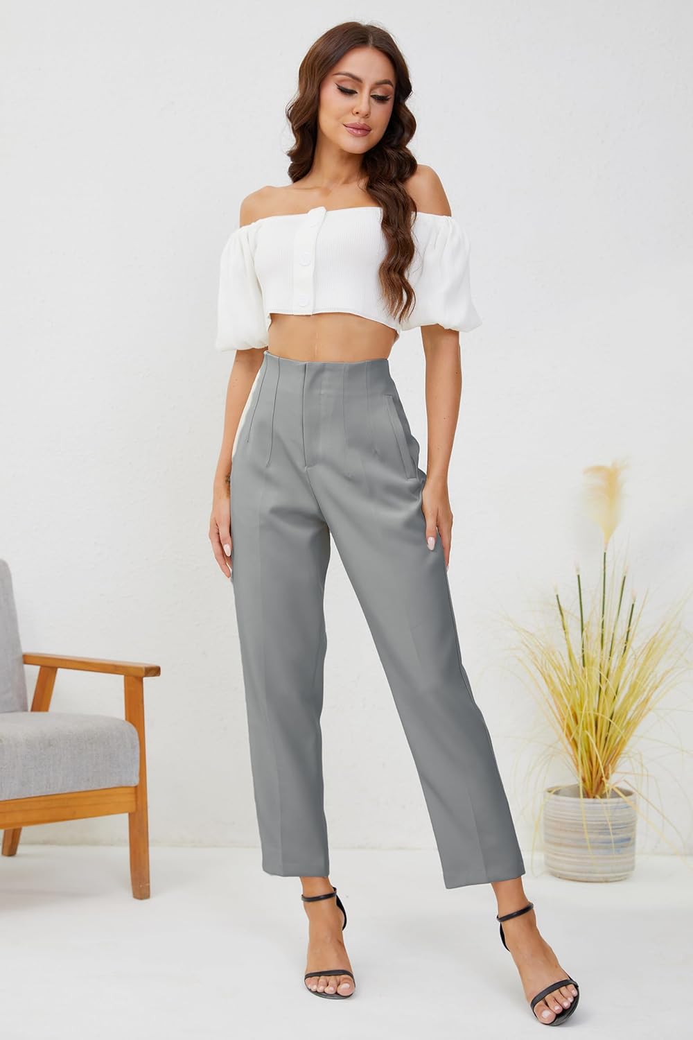 Women's High Waisted Business Trousers Straight Leg Pleated Office Slacks Pants - Image 2