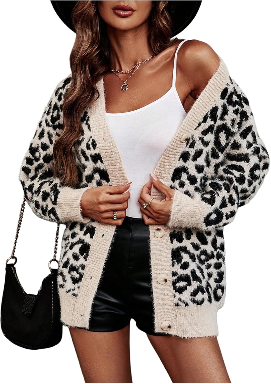 WDIRARA Women's Leopard Knit Button Up Cardigan Fuzzy Sweater V Neck Long Sleeve Outerwear
