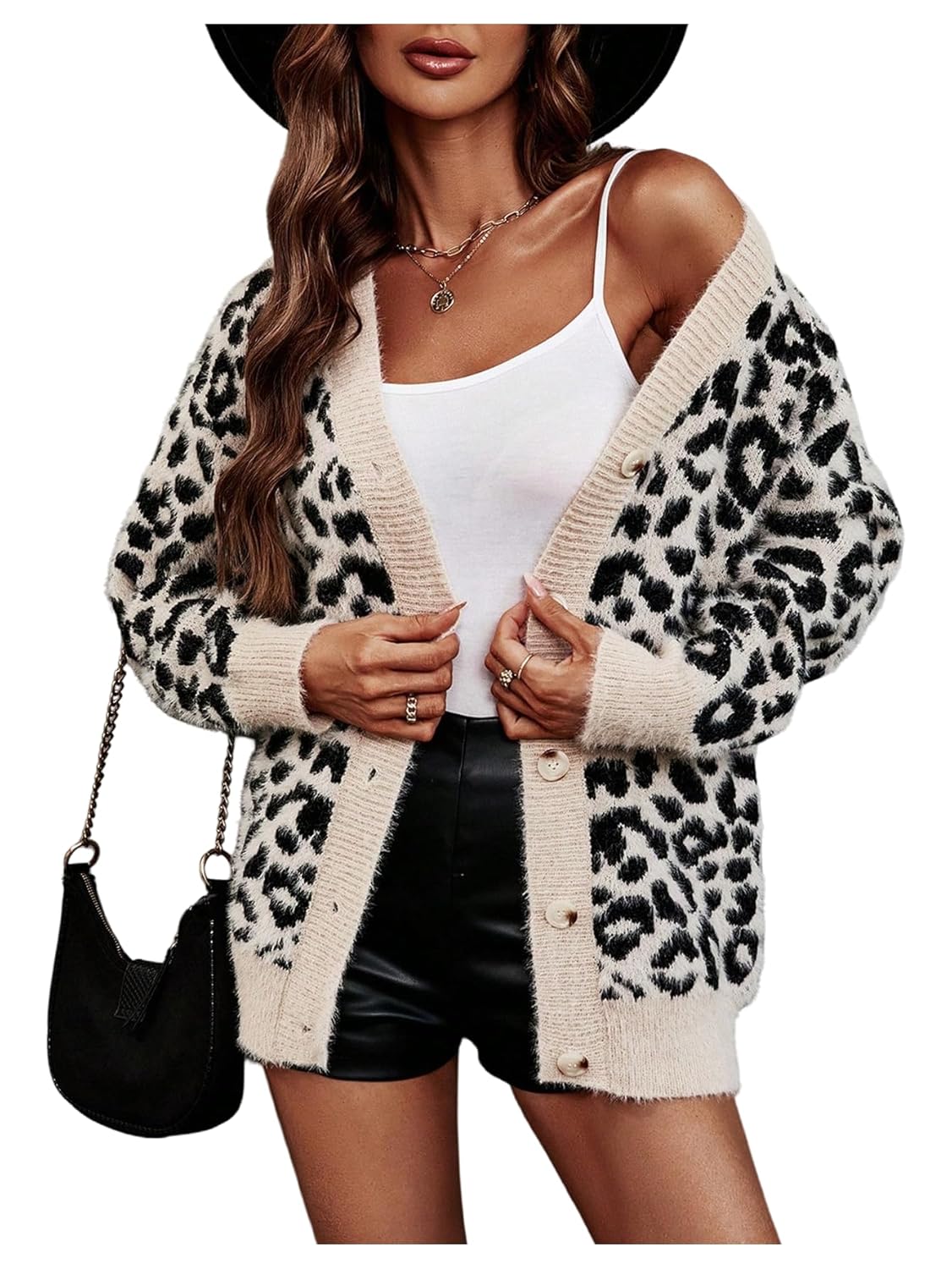 WDIRARA Womens Leopard Knit Button Up Cardigan Fuzzy Sweater V Neck Long Sleeve Outerwear