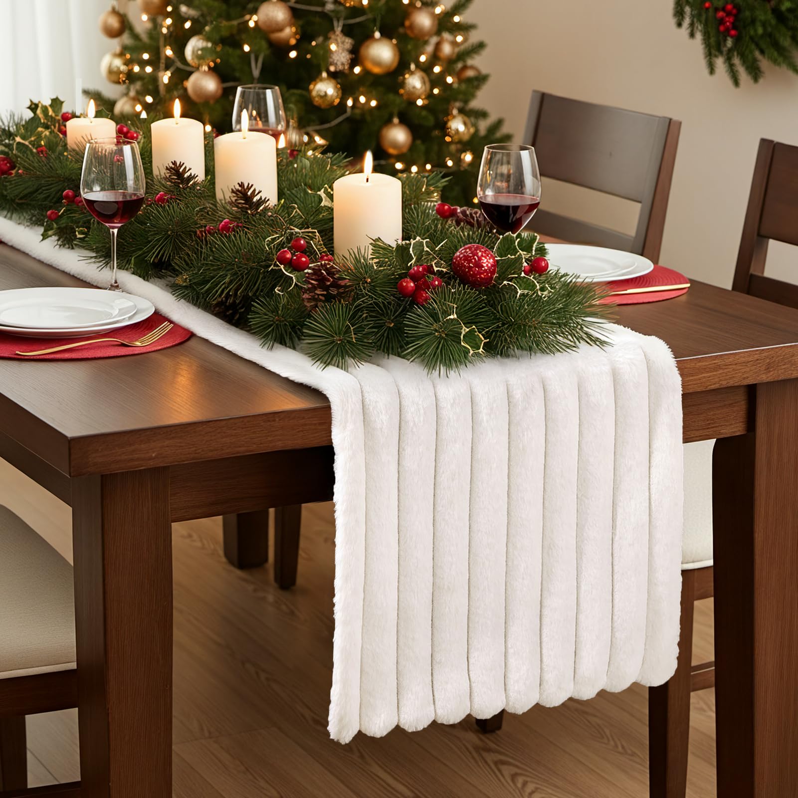 Bunny Chorus Chemin de table en fausse fourrure : 183 cm - Collection de chemins de table à rayures blanches - Style bohème rustique - Décoration de table de Noël - Décoration d'intérieur - Banquet