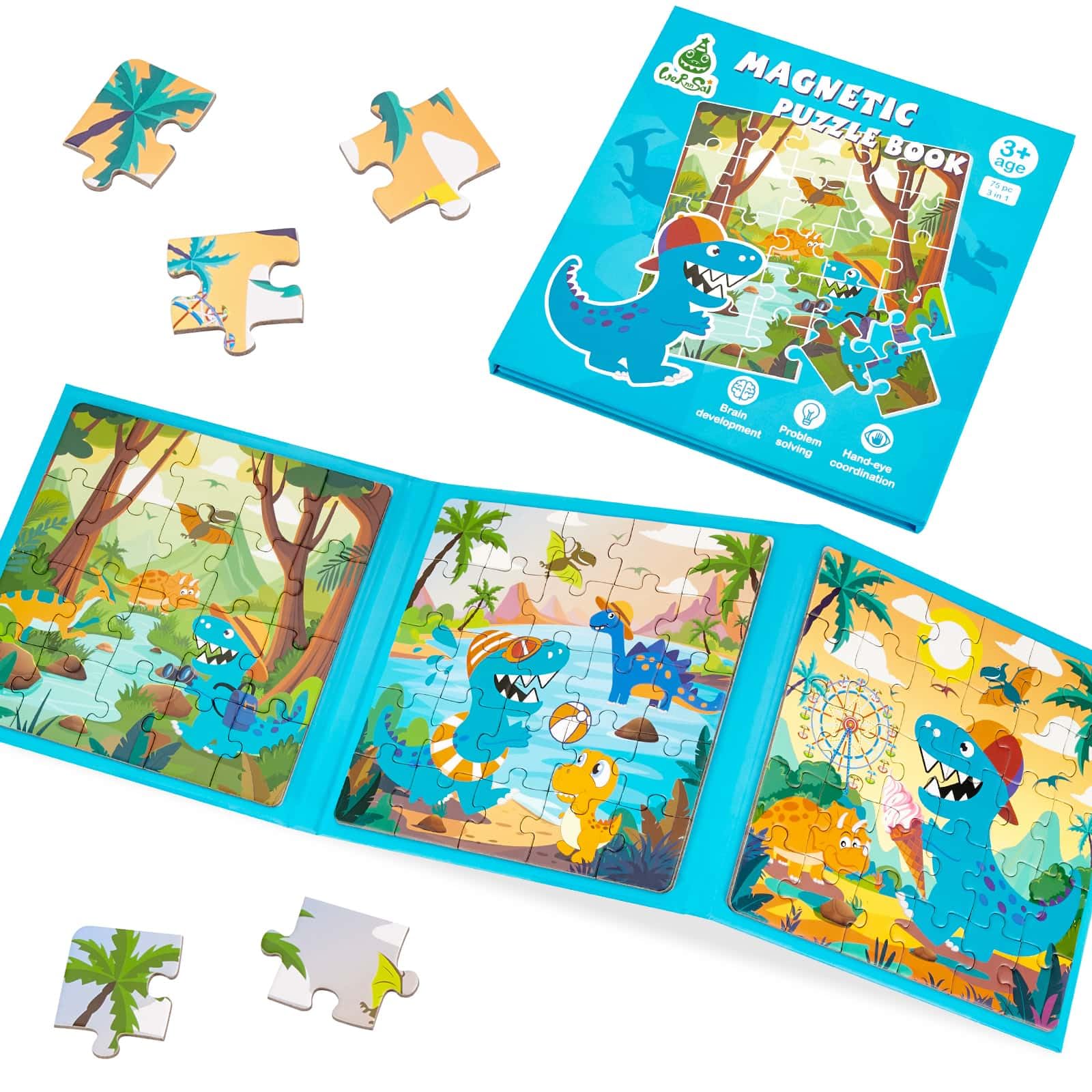 Scratch Puzzle Magnetico Dinosauro - Libro Piegehevole Con 2 Puzzle Da 20 Pezzi Per Bambini 3+ Anni, Verde, 6181151 - 2