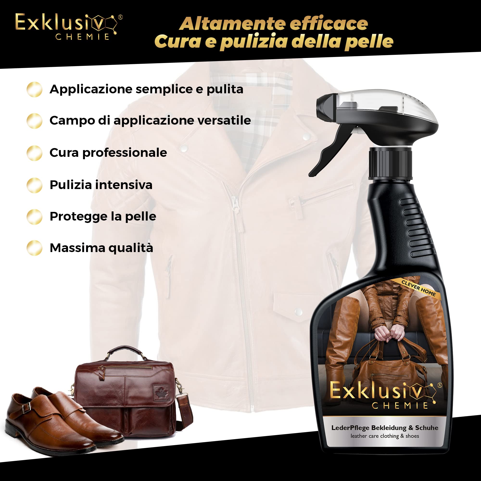 Exklusiv Chemie® Cura della pelle Cura della pelle Abbigliamento e scarpe | Cura della pelle per vestiti e scarpe di pelle | Spray per la cura della pelle | Pulitore per pelle | 500 ml | Per giacche in pelle, scarpe in pelle e borse in pelle