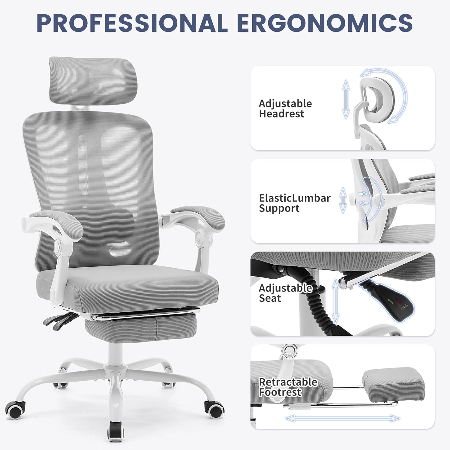 Silla de oficina ergonómica con reposapiés, soporte lumbar ajustable y reposacabezas, giratoria de 360°, gris