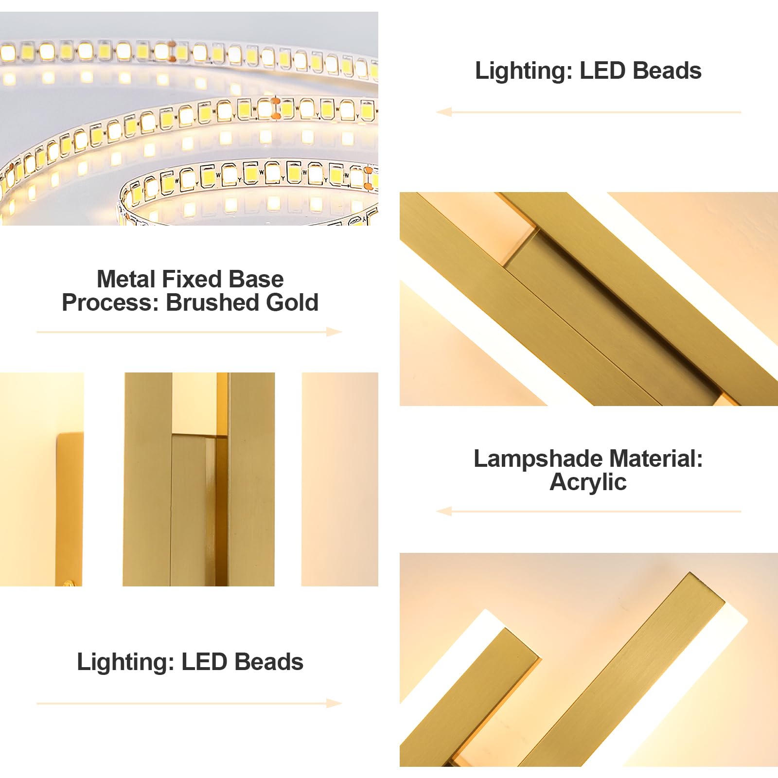 DELIPOP Applique Murale Interieur LED, 16W Moderne Lampe Murale Or, 3 Température de Couleur 3000-6500K Luminaire Mural en Acrylique pour Salon, Chambre, Escalier, Hôtel, Couloir | Moderne Luminaire Mural Acrylique pour Salon Chambre Escalier Hôtel Couloi