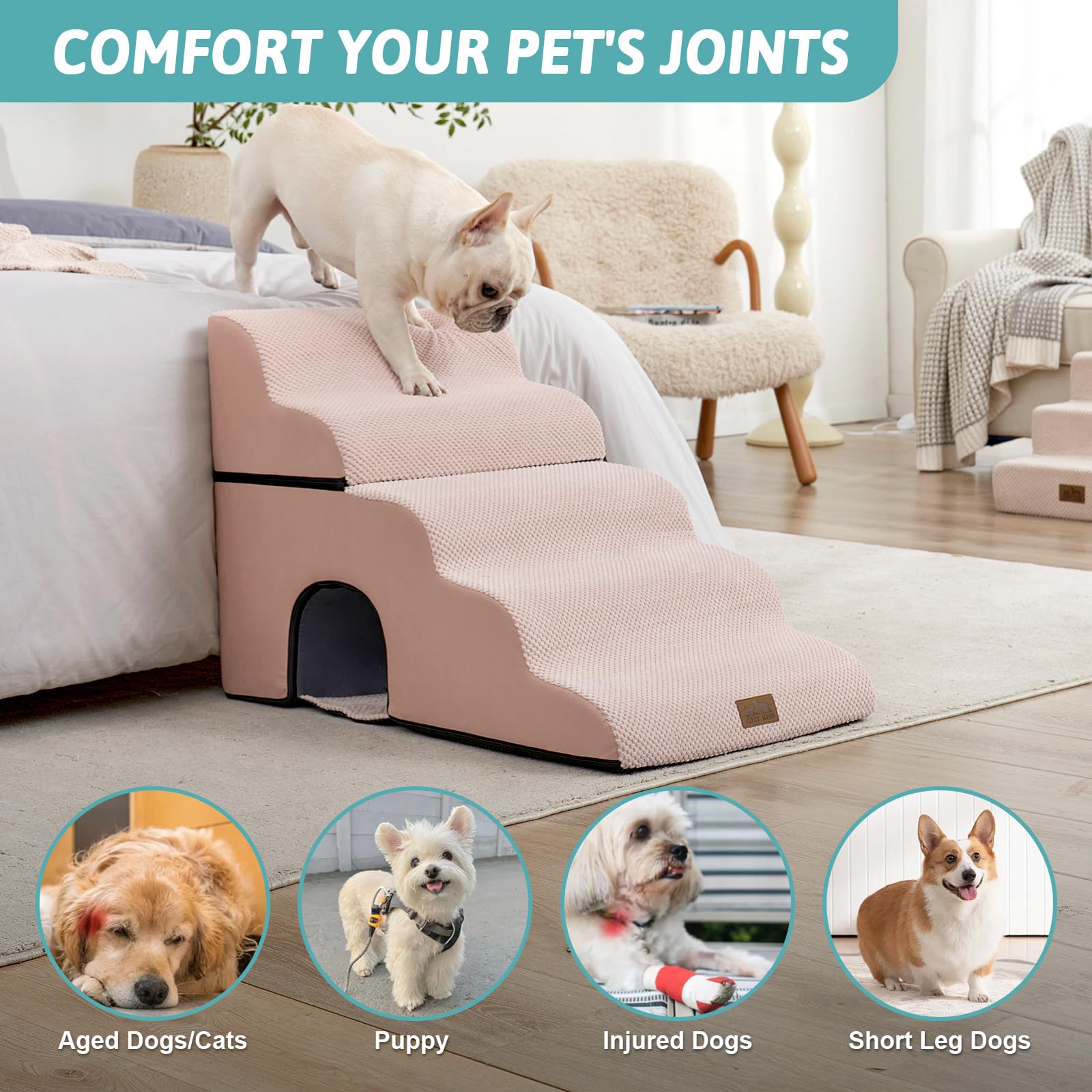 COZY KISS Scaletta larga per cani con tunnel, in schiuma, staccabile, per cani di taglia piccola, cuccioli o gatti, rampa media per animali domestici, per letto alto, divano, divano o auto, 50 x 83,8