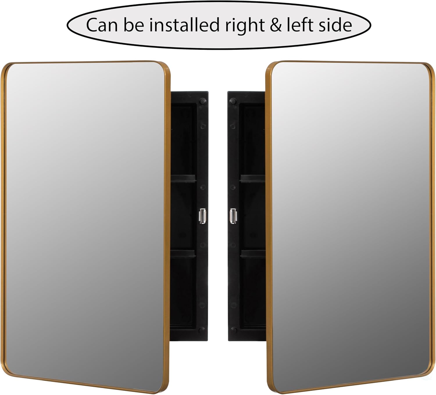 Basicwise Plastic Medicine Cabinet with Beveled Edge Mirror Door and Round Corner Metal Frame, Surface and Recessed Mount Options, Bathroom Wall Mounted Vanity Cabinet with 2 Adjustable Shelves, Gold