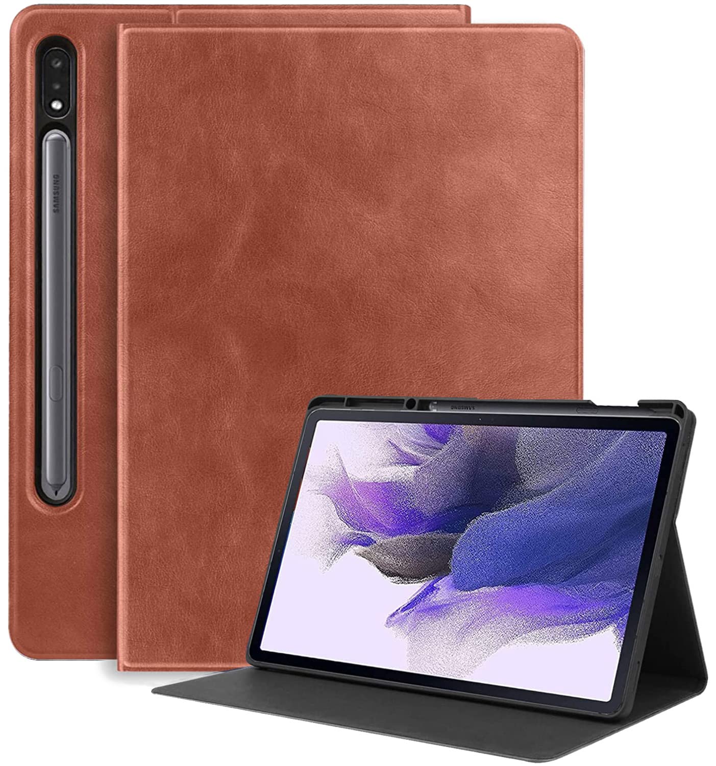 Robustrion Smart Hard Back Flip Stand Case Cover for Samsung Galaxy Tab S8 Plus / S7 Plus /Tab S7 FE 12.4 Inch SM-X800/X806/T970/T975/T976/T735 with S Pen Holder - Brown