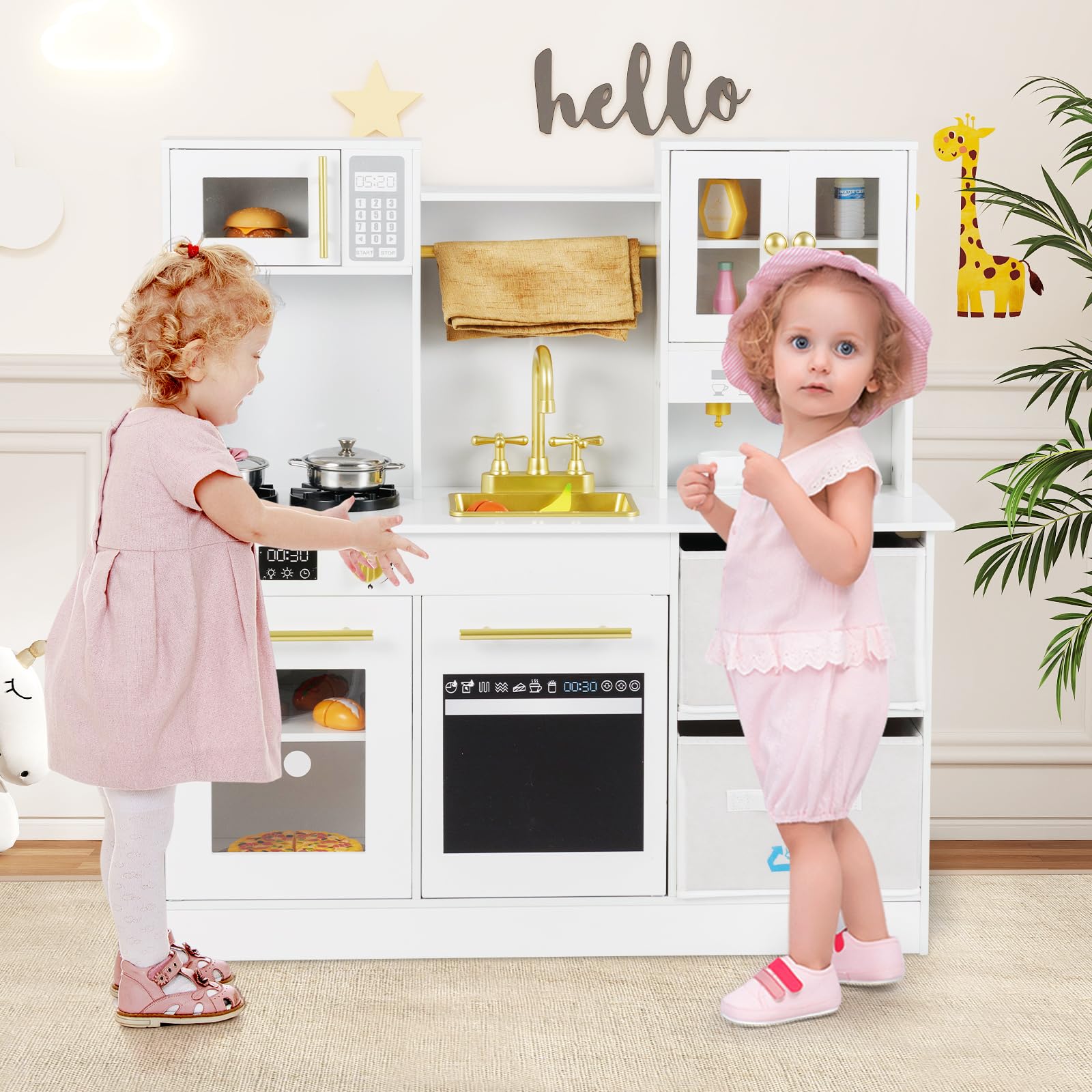 RELAX4LIFE Cucina Giocattolo in Legno per Bambini, Effetti Simulati di Luce e Suono, Cucina Giocattolo Interattiva con 2 Cassetti in Tessuto, Forno Lavello Microonde e Utensili (Bianco)
