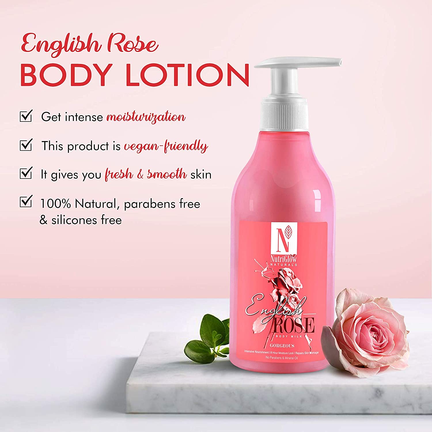 NutriGlow Natural's English Rose Body Milk For Intensive Nourishment Glow & Radiance Up-to 8 Hours Moisture Lock, Repair Skin Damage, Soothes Skin (5.07 Fl Oz , 150 ml)