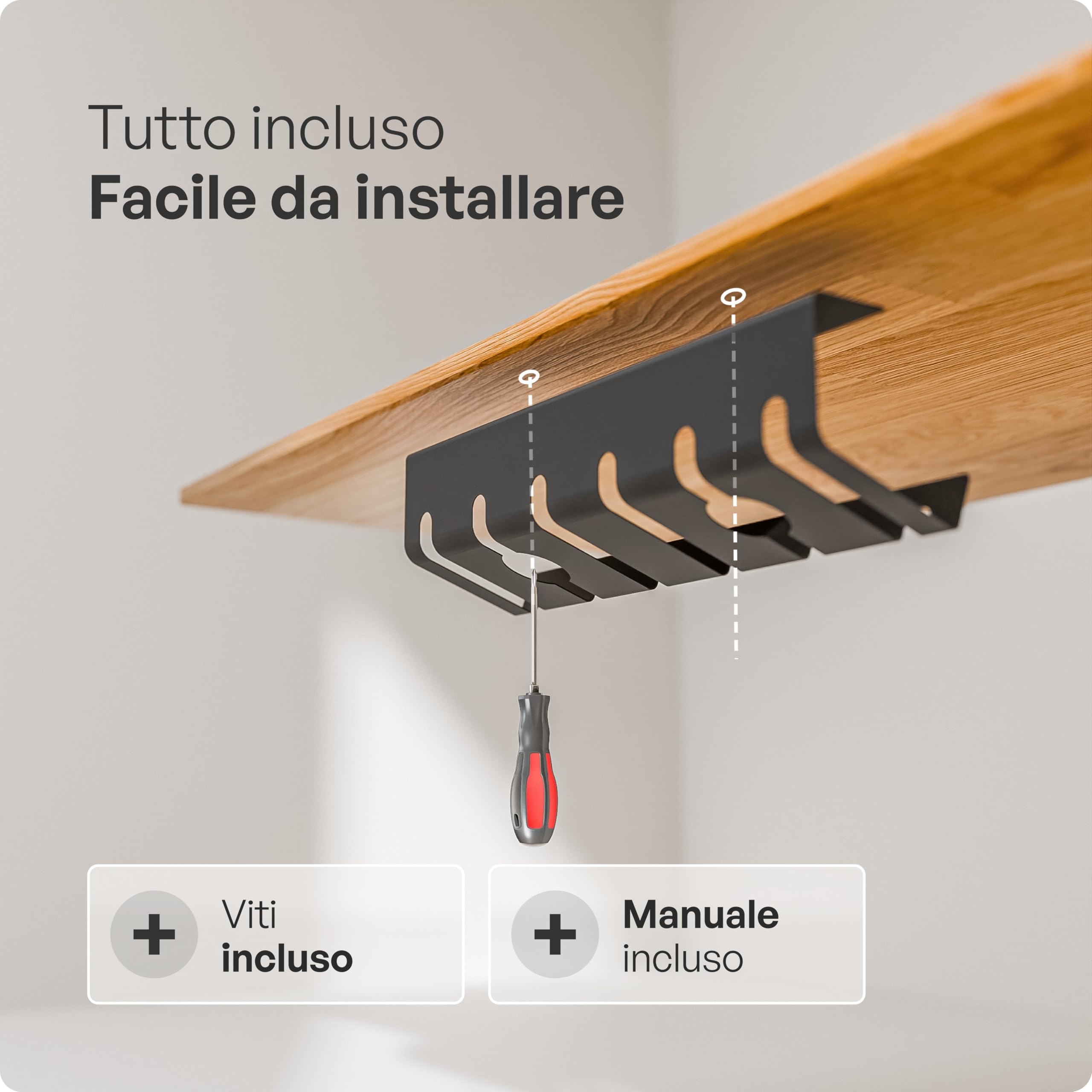 PAMO porta cavi, nera, set di 2 – incl. 10× fascette a strappo e clip per cavi – facile installazione con viti incluse – organizzatore scrivania per ufficio e casa