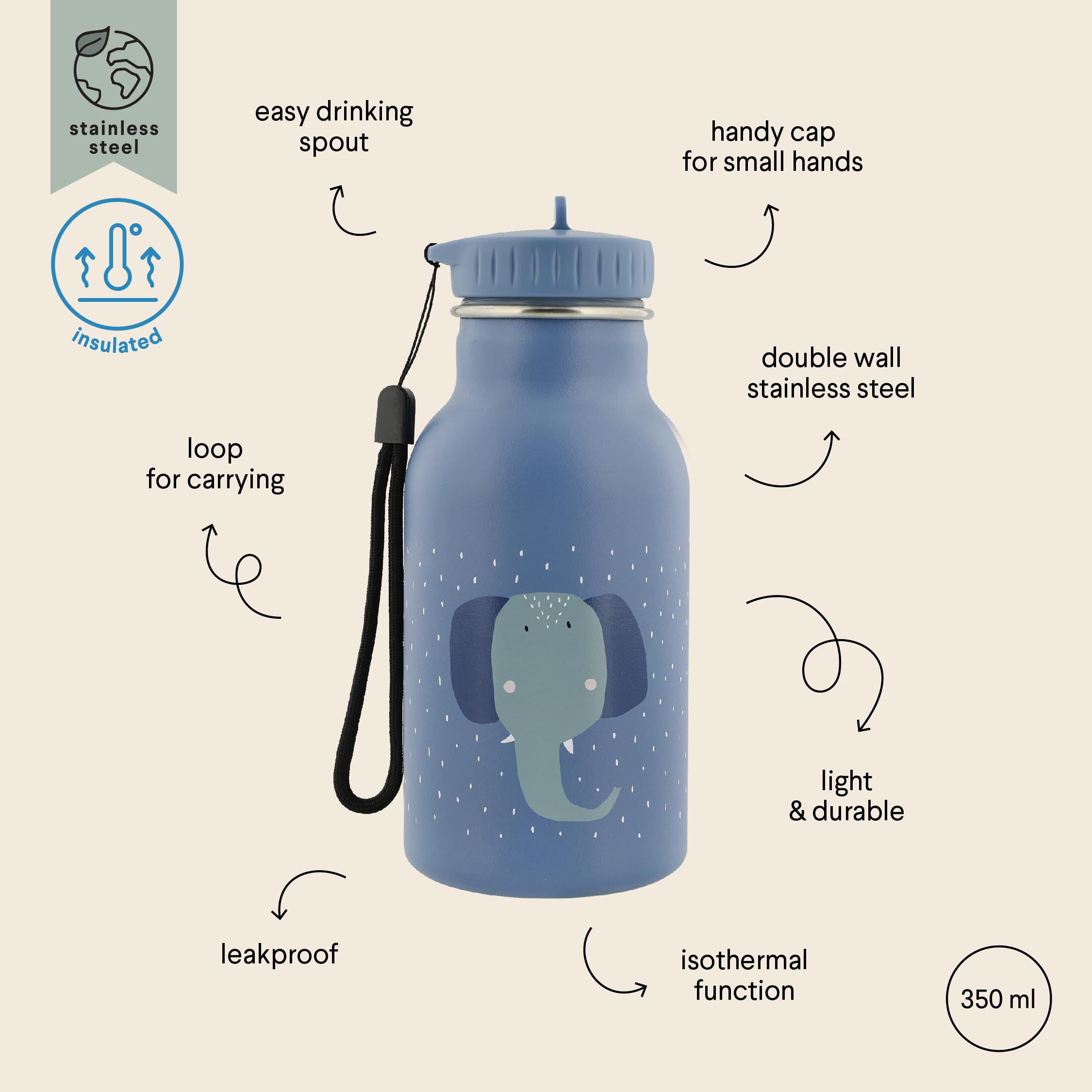 Trixie Insulated Drinking Bottle, Mrs. Elephant, 350ml Stainless Steel Water Bottle for Kids, Blue, Keeps Drinks Cold - Image 2