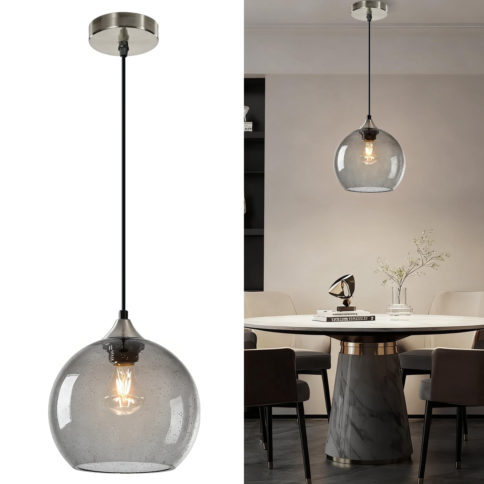 Bravsekai Medium Light Gray Glass Pendant Light for Kitchen Island, Includes Extra Bulb & 1.5m Adjustable Cord, Modern Pendant Lighting Fixtures for Kitchen, Dining Room, Living Room(23cm, 1-Pack) — image 1