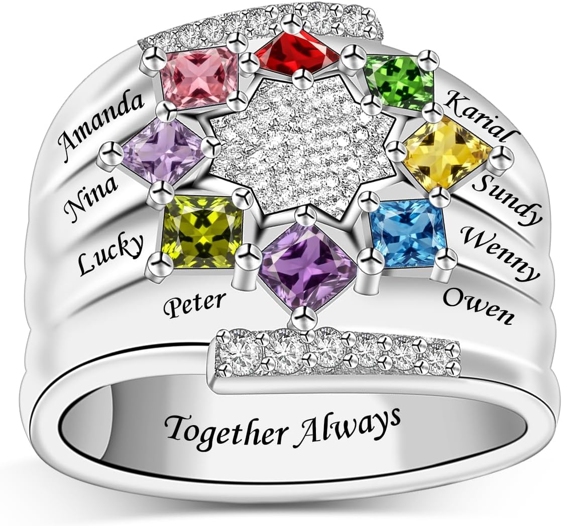 MissNaNa Personalized Mother Rings Birthstone Ring Customized Ring with 1-9 Name Rings Birthday Christmas Gift for Women