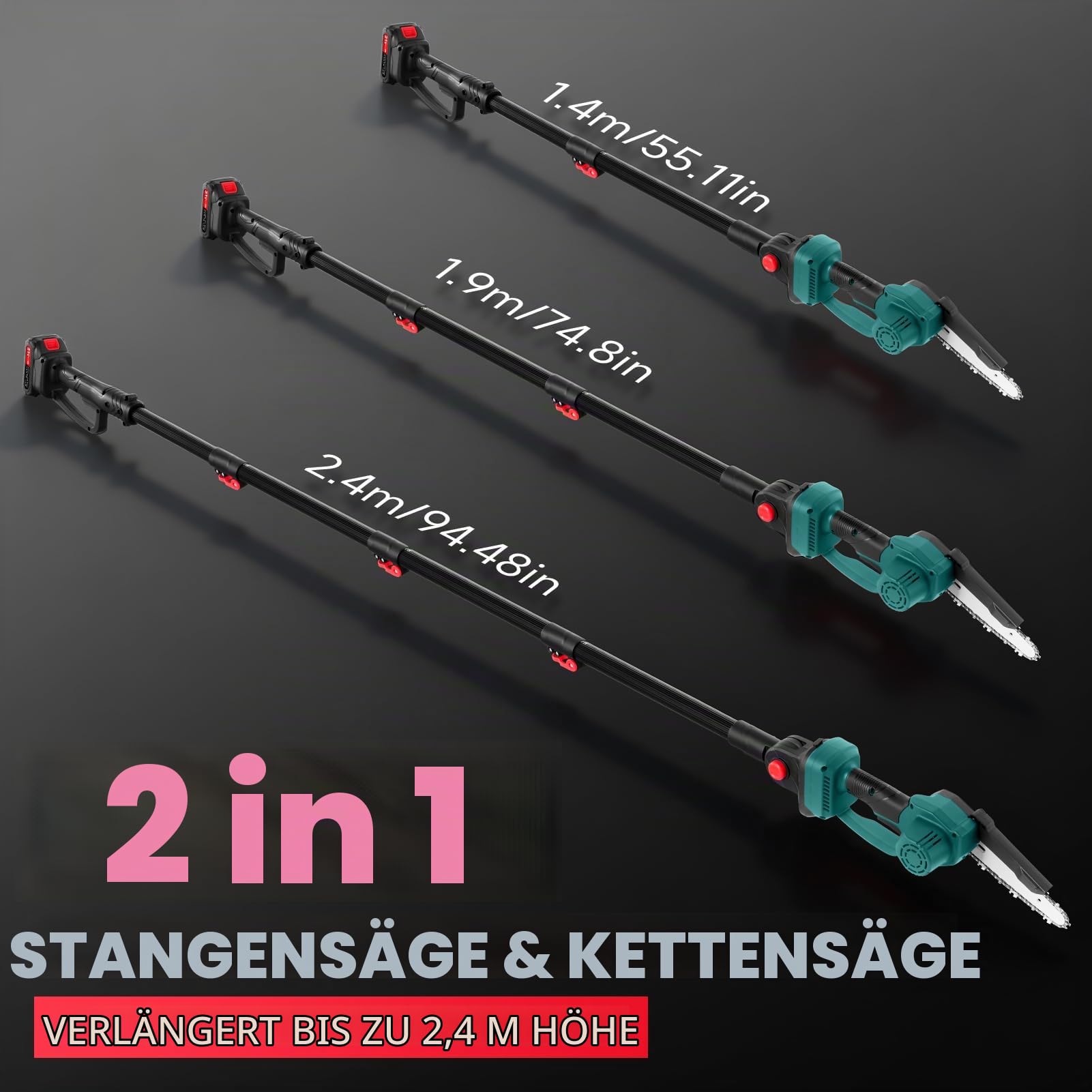 Elektrisch Stangensäge, 2-in-1 Teleskop Baumsäge Teleskopsäge, 4500 U/min, Maximale Reichweite 2,4m, 2 X 2000mAH, Astsäge Teleskop zum Beschneiden Handflächen und Sträuchern