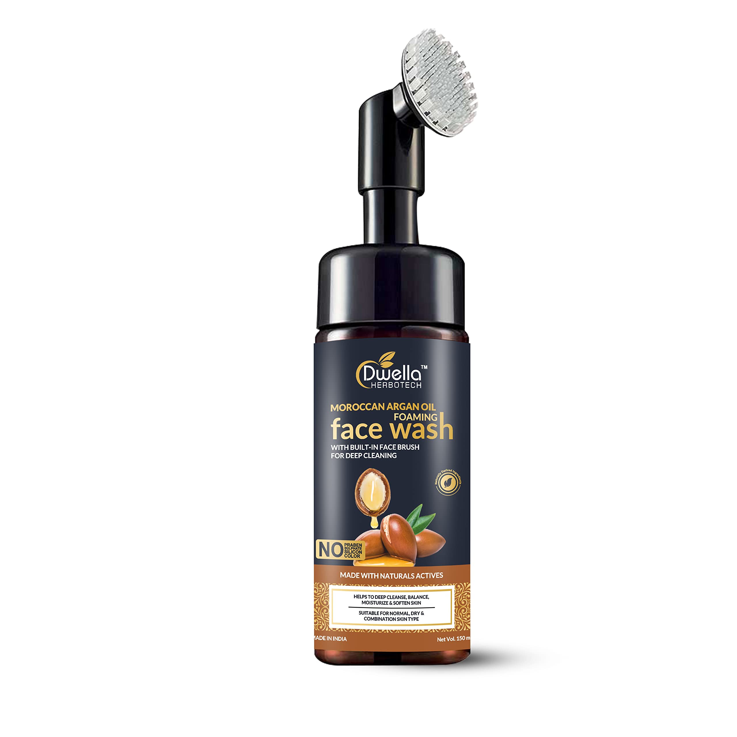 Dwella herbotech Moroccan Argan Oil Foaming Face Wash with Built-in Brush - contains Argan Oil & Aloe Extracts - for Dry to Normal Skin - No Parabens, Sulphate, Silicones & Synthetic Color - 150mL