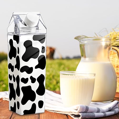 Miniatura 6 de Whaline Paquete de 2 botellas de agua de cartón de leche con estampado de vaca, botellas de leche de plástico transparente de 17 onzas, botella de