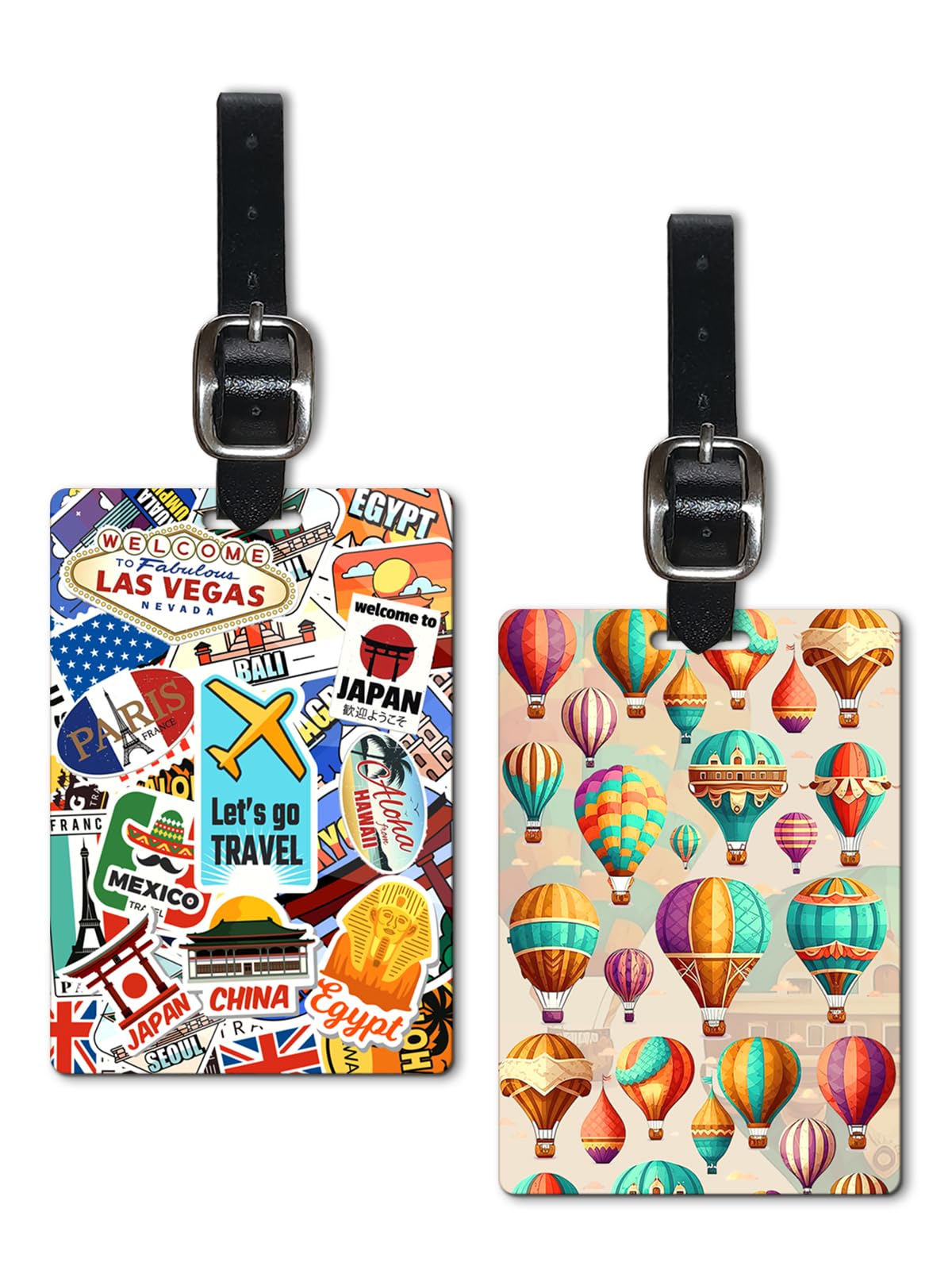 lentikart 3d lenticular luggage tag set of 2 | world famous stamp sticker + colourful hot air balloon | luggage/bag/travel id label tags for suitcase & school bags