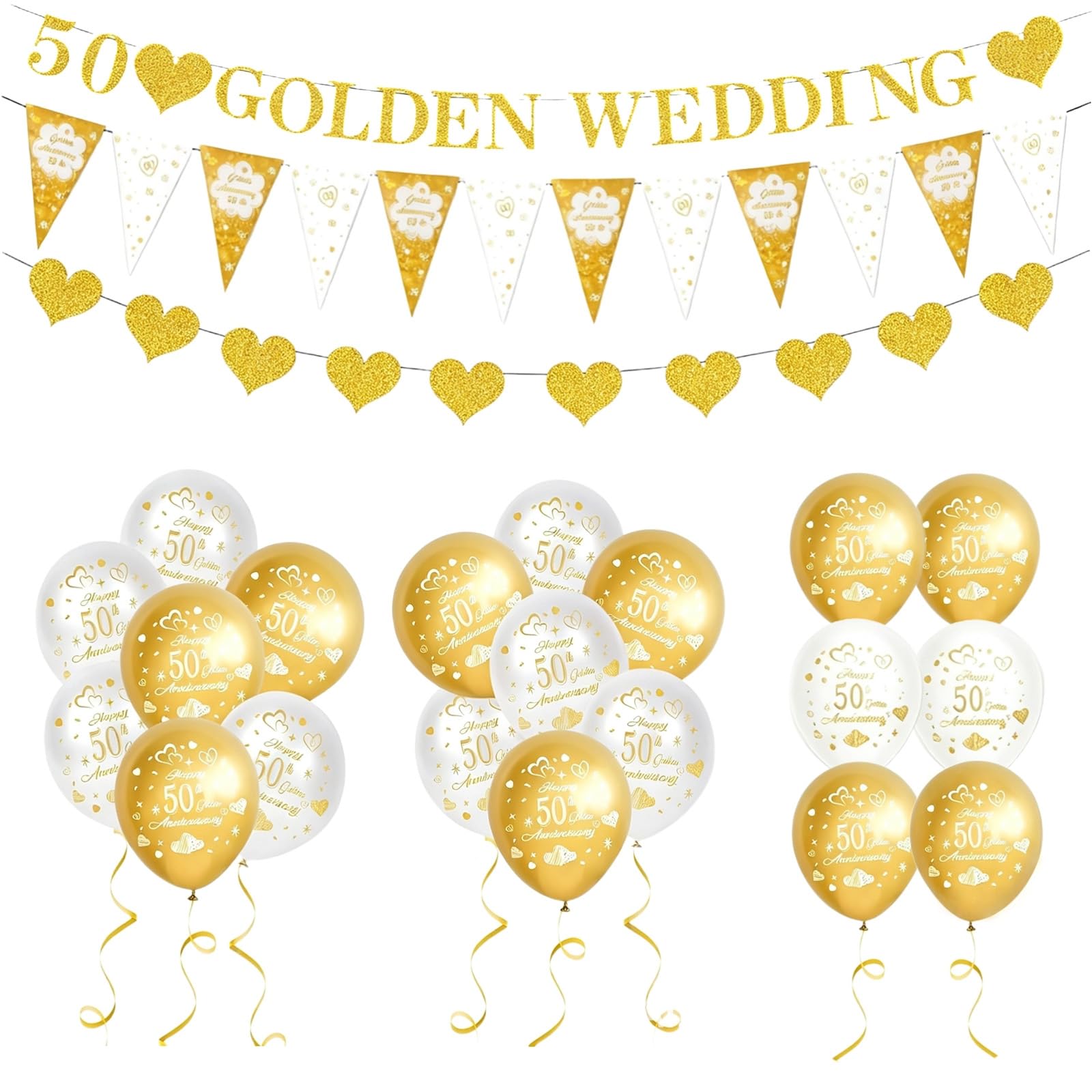 50th Wedding Anniversary Decorations, Golden Wedding Anniversary Decorations Including White and Gold Balloon Heart Shaped Banners Triangular Flags for 50th Wedding Party Decorations (Gold-50th)