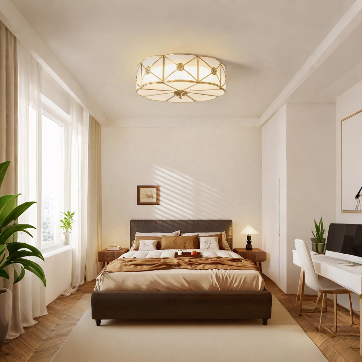 Size 23.62  Mid Century Brass Flush Mount Ceiling Light, 6-Light LED Brass and Glass Ceiling Lamp, Frosted Glass Shade Modern Light, Close to Ceiling Light Decorative for Bedroom Living Room(23.62 W)