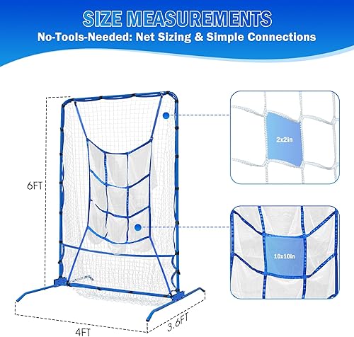 Miniatura 2 de 6FT Baseball Pitching net, 9-Pocket Pitcher Net with Strike Zone, Adjustable Height Target Throwing Trainer, Baseball Softball Practice Net with