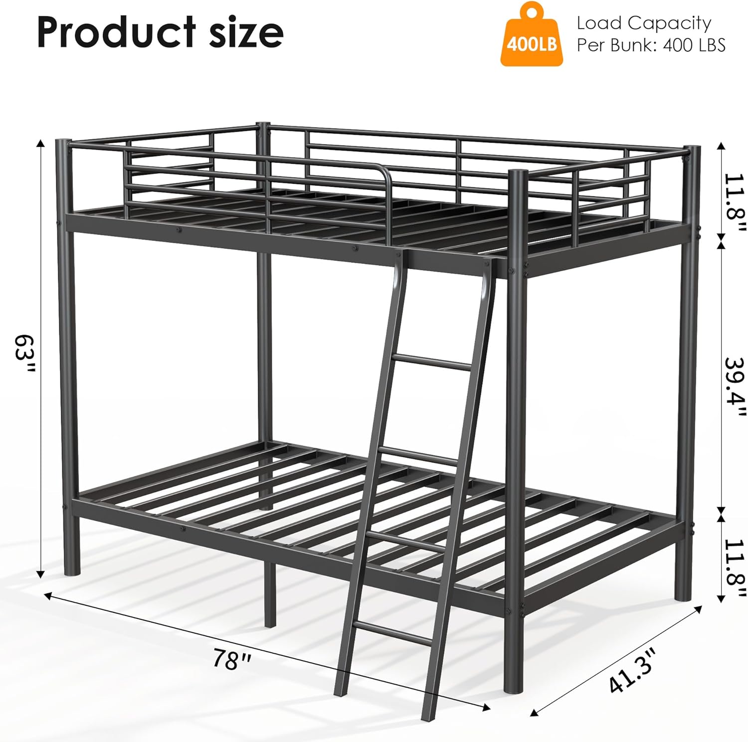 Diagram showing dimensions of the SDHYL Twin Over Twin Bunk Bed.