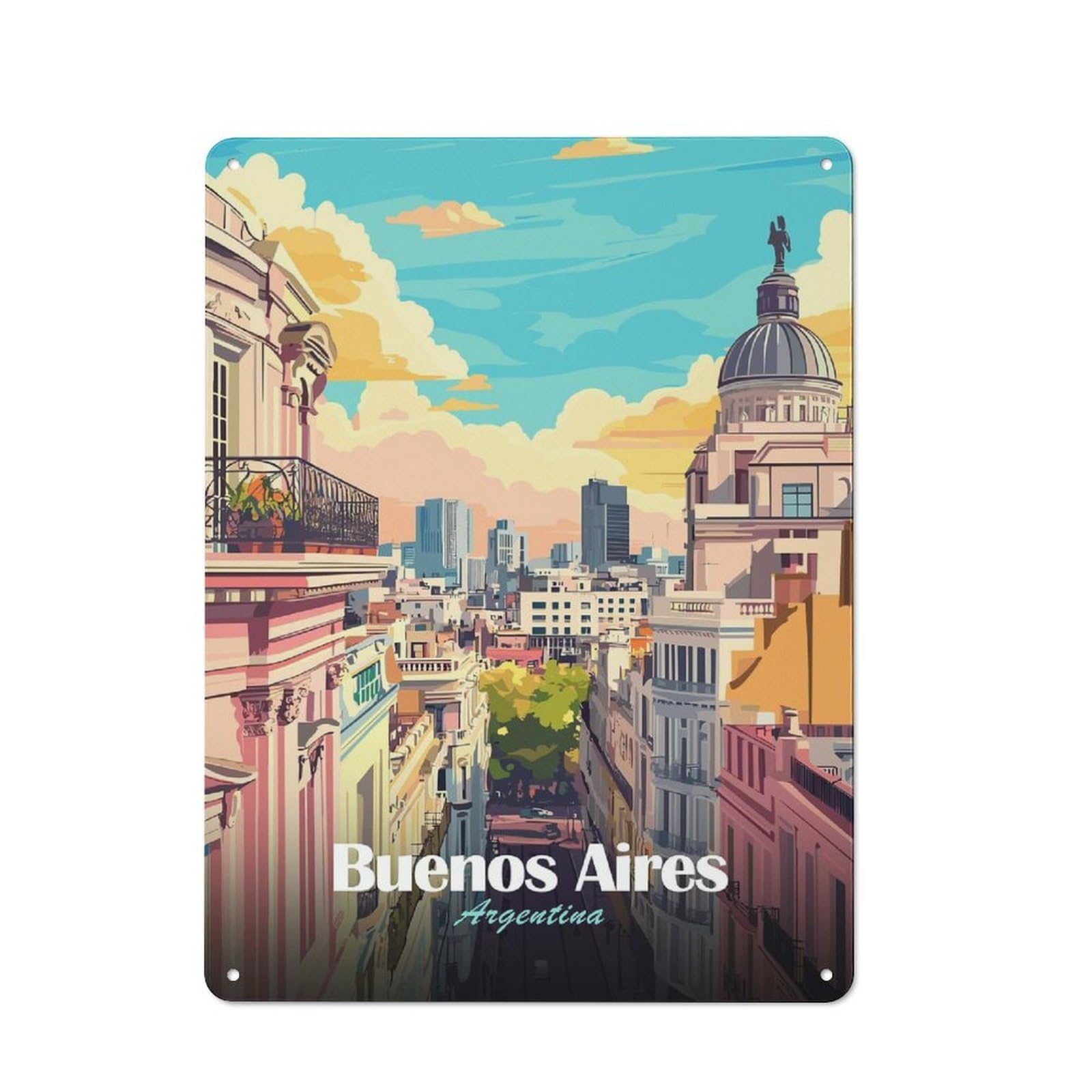 Junmoney Style-16 Urban Metal Wall Art Sign 40X30cm Featuring Buenos Aires, Argentina Cityscape Illustration, Urban Room Decor For Modern Home, Workshop, Office Or Cafe