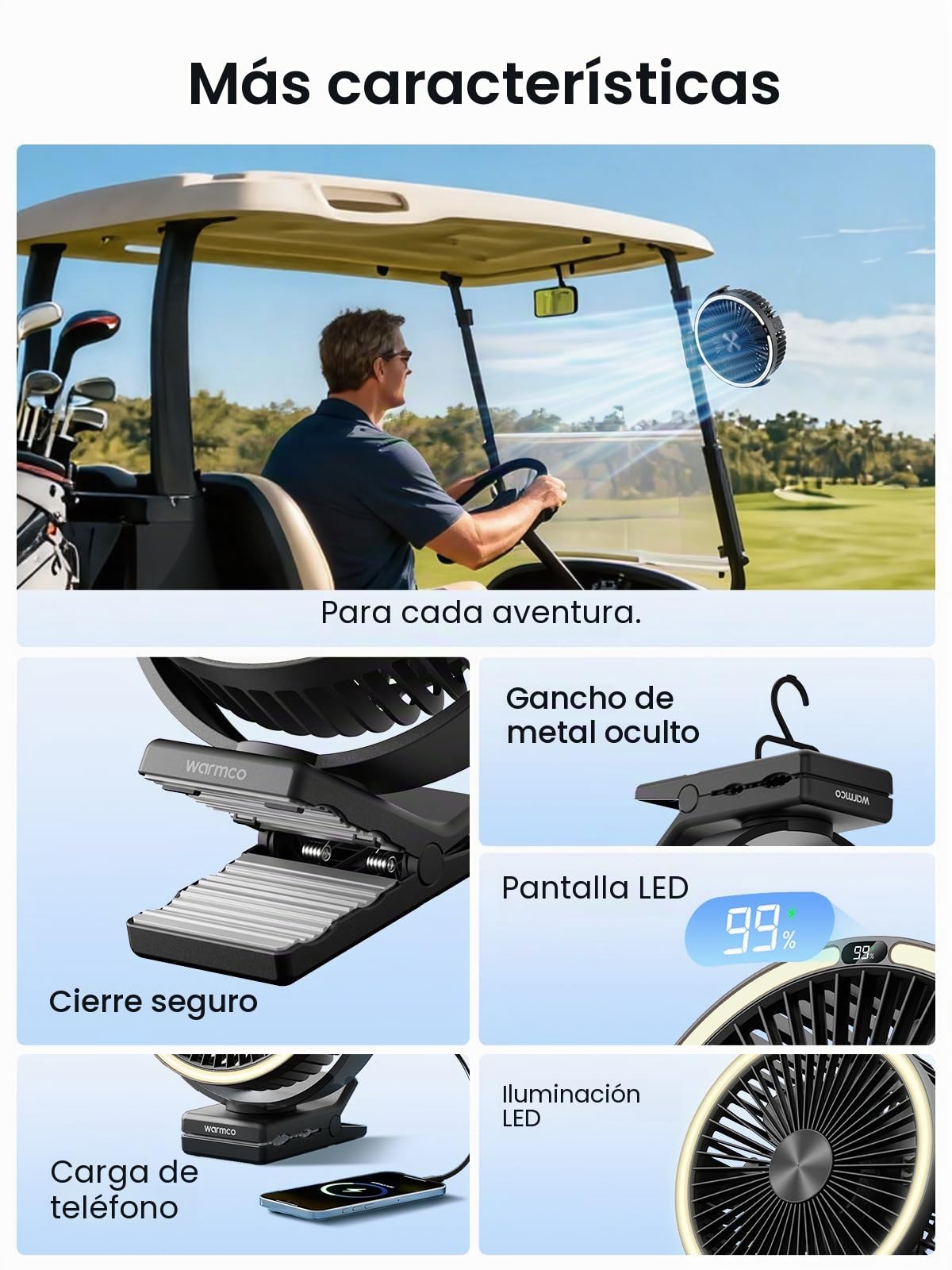 Warmco Ventilador portátil de clip de 15000 mAh recargable, ventilador de escritorio alimentado por batería de 20 cm, linterna LED y gancho, rotación de 360° y 4 velocidades, fuerte flujo de aire para