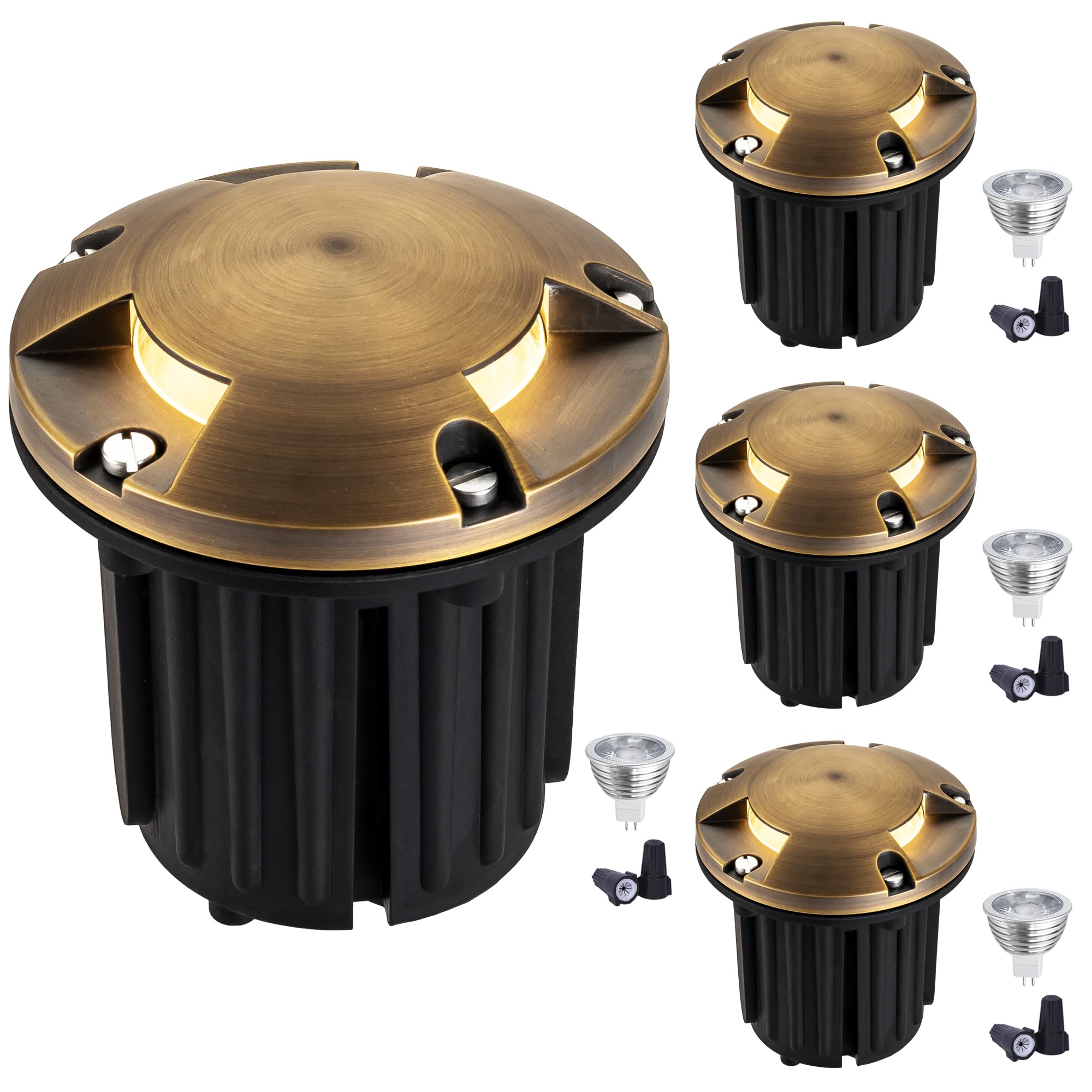 LumStory 4-Pack Brass Well Lights Landscape LED Low Voltage Landscape Lighting 12V Outdoor In Ground Lights for Deck and Garden, Pathway, Driveway, with MR16 Bulb Warm White (Three-Direction Turret)
