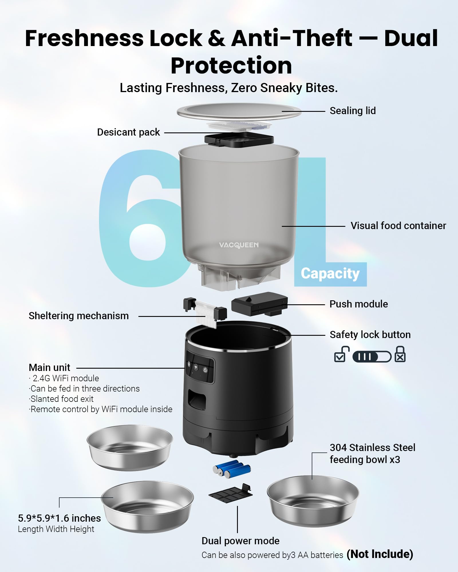 Automatic Cat Feeder for 3 Cats, 6L/25 Cup Cat Food Dispenser with Strong Anti-Jam System, Dual-Effect Desiccant, Smart WiFi App Control Pet Feeder, Automatic Dog Feeder for Cats and Small Dog