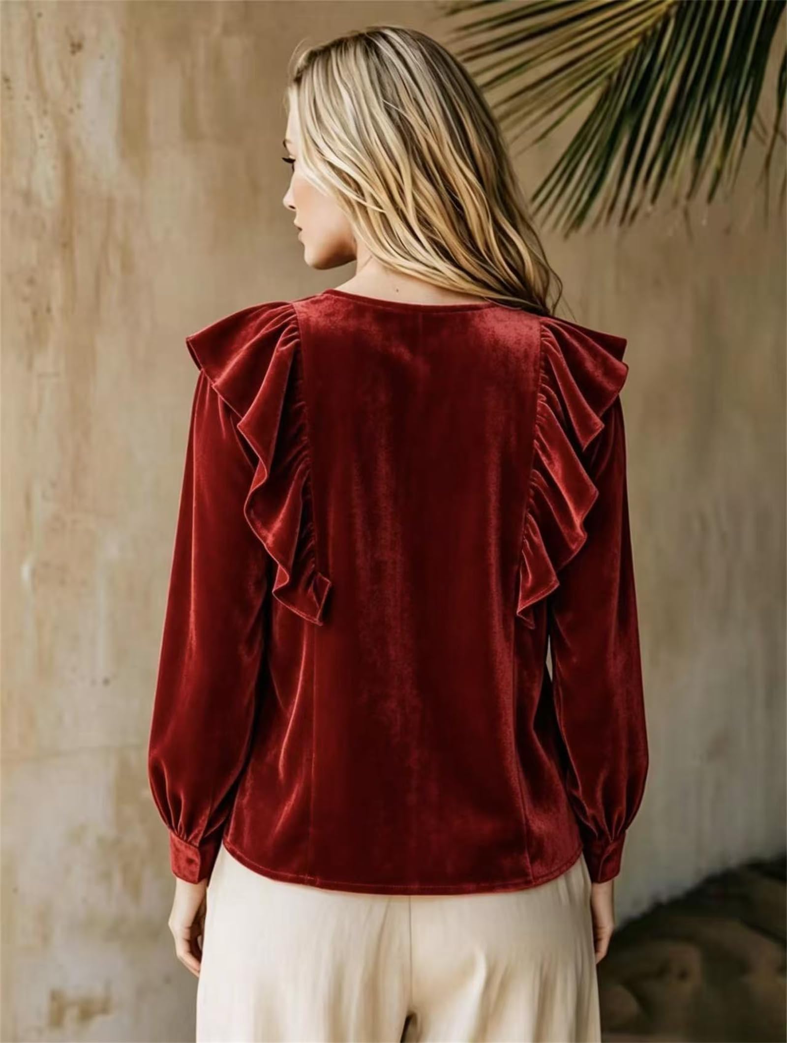 Top Mujer Terciopelo Cuello V Volantes Manga Larga Corte Holgado Casual Elegante Otoño