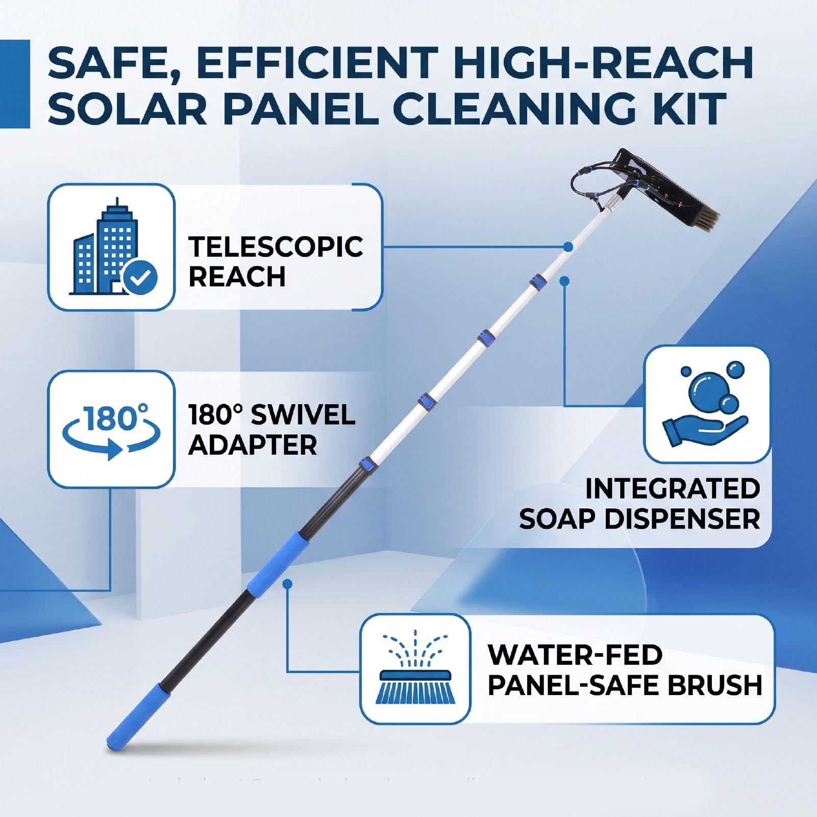 Cepillo de Limpieza de Paneles Solares, Poste Retráctil de 12 Pies con Dispensador de, Cabezal de Cepillo de 13,8 Pulgadas para Ventanas, Canalones, Paredes Exteriores