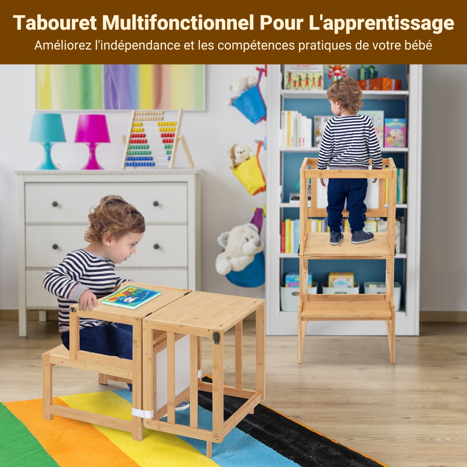 COSYLAND Tour d’Observation Enfant 3-en-1 Montessori en Bambou – Chaise d’Apprentissage Sécurisée Bébé avec Double Dispositif de Sécurité et Design Breveté – Couleur Classic Natural
