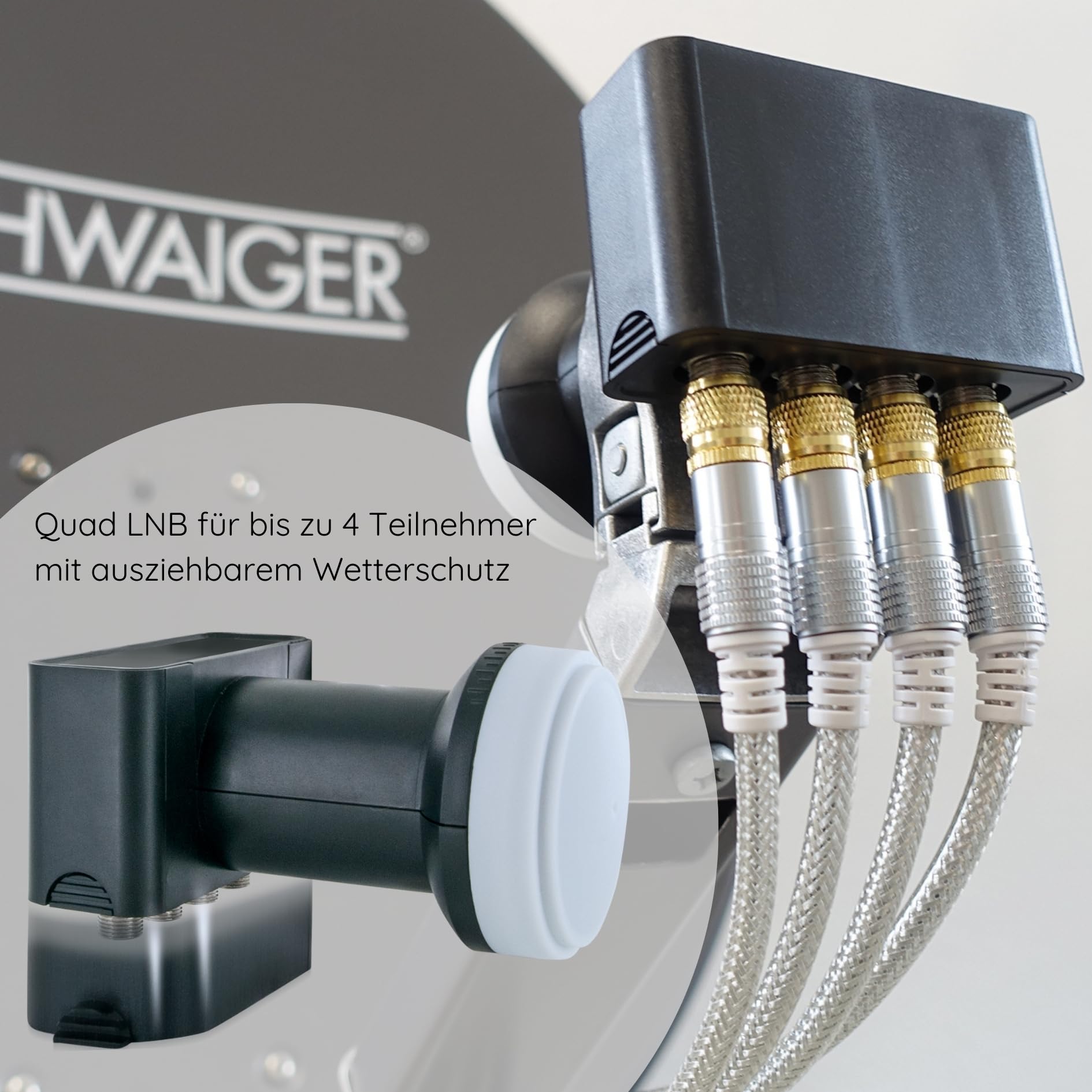 Sistema Sat 500 de SCHWAIGER Juego satélite Antena parabólica Quad LNB Digital 8X F-Plug 7mm Antena Sat de Acero Juego Completo Gris Claro 75 x 85 cm