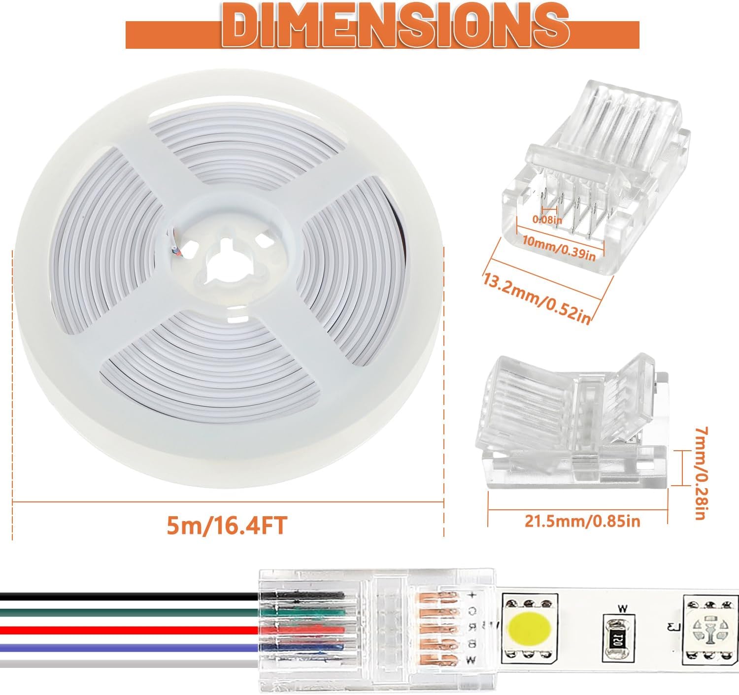 5PIN 10MM LED Strip Connector Lights Adapter,10 Pack,with 5M Cable | Lighting Connectors Clear Unwired Gapless Track Lighting Connector