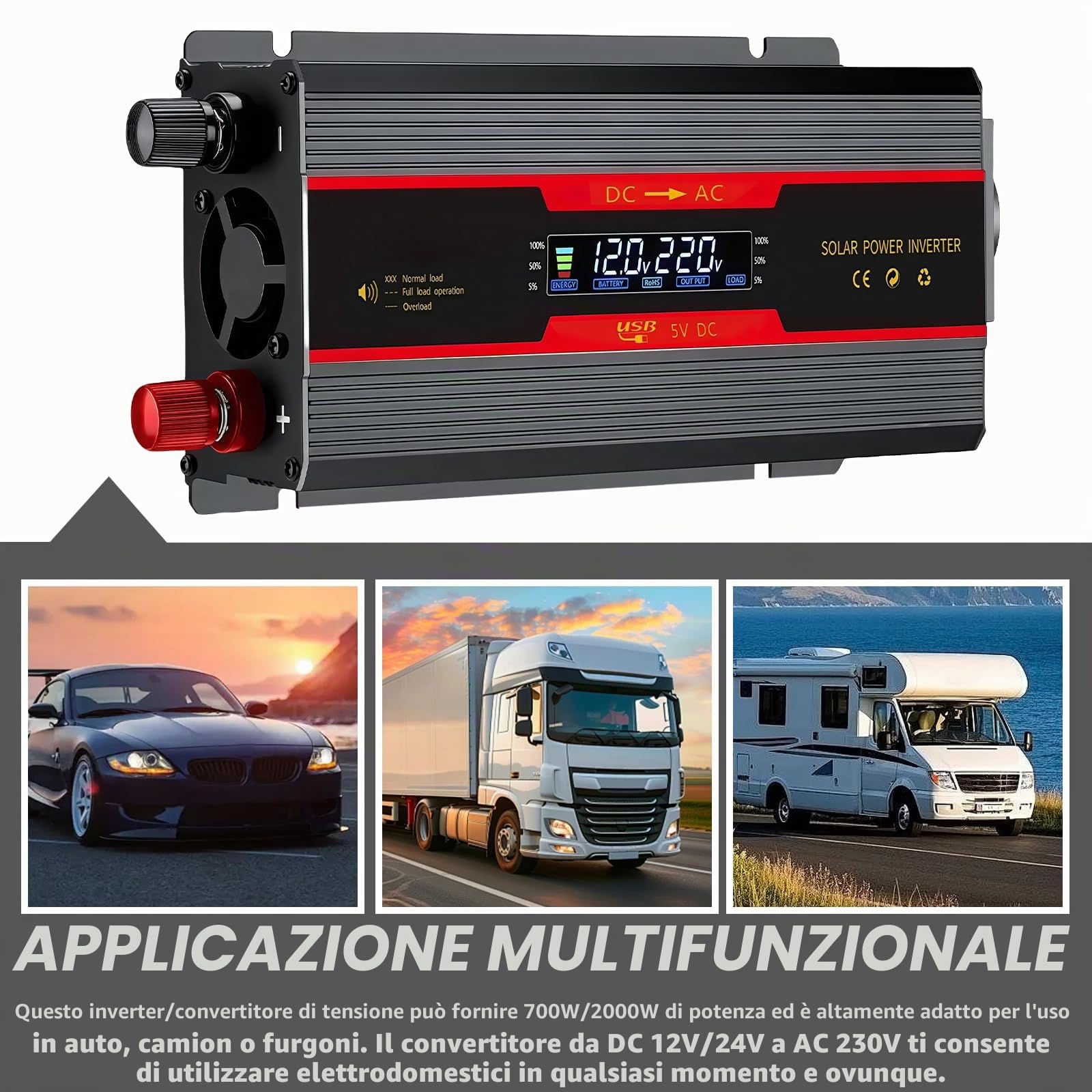 Inverter Trasformatore di Tensione: 700W/2000W DC 12V / 24V su AC 230V Trasformatore di Tensione, con Clip Alligatore Accendisigari, Onda Sinusoidale Modificata Inverter Solare per Auto